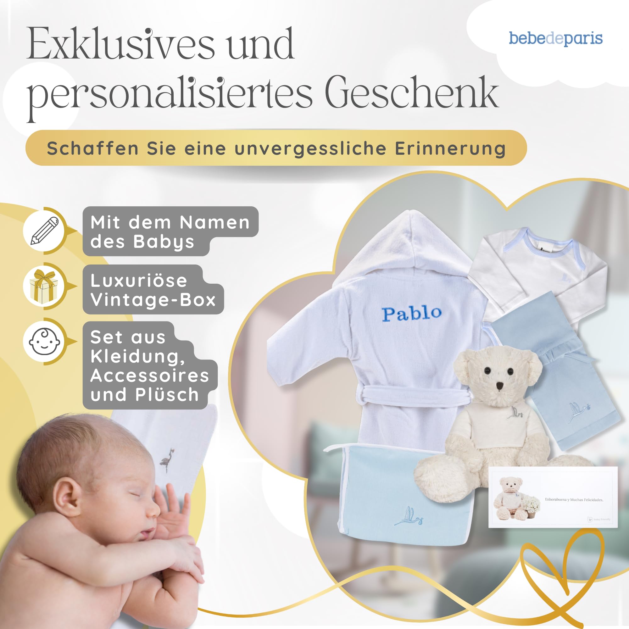 BebeDeParis Baby Geschenkset mit Namen personalisiert | Geschenkkorb zur Geburt | Bademantel bestickt (6–12 Monate), Body, Musselintuch, Kulturbeutel, Windeltasche & Teddybär