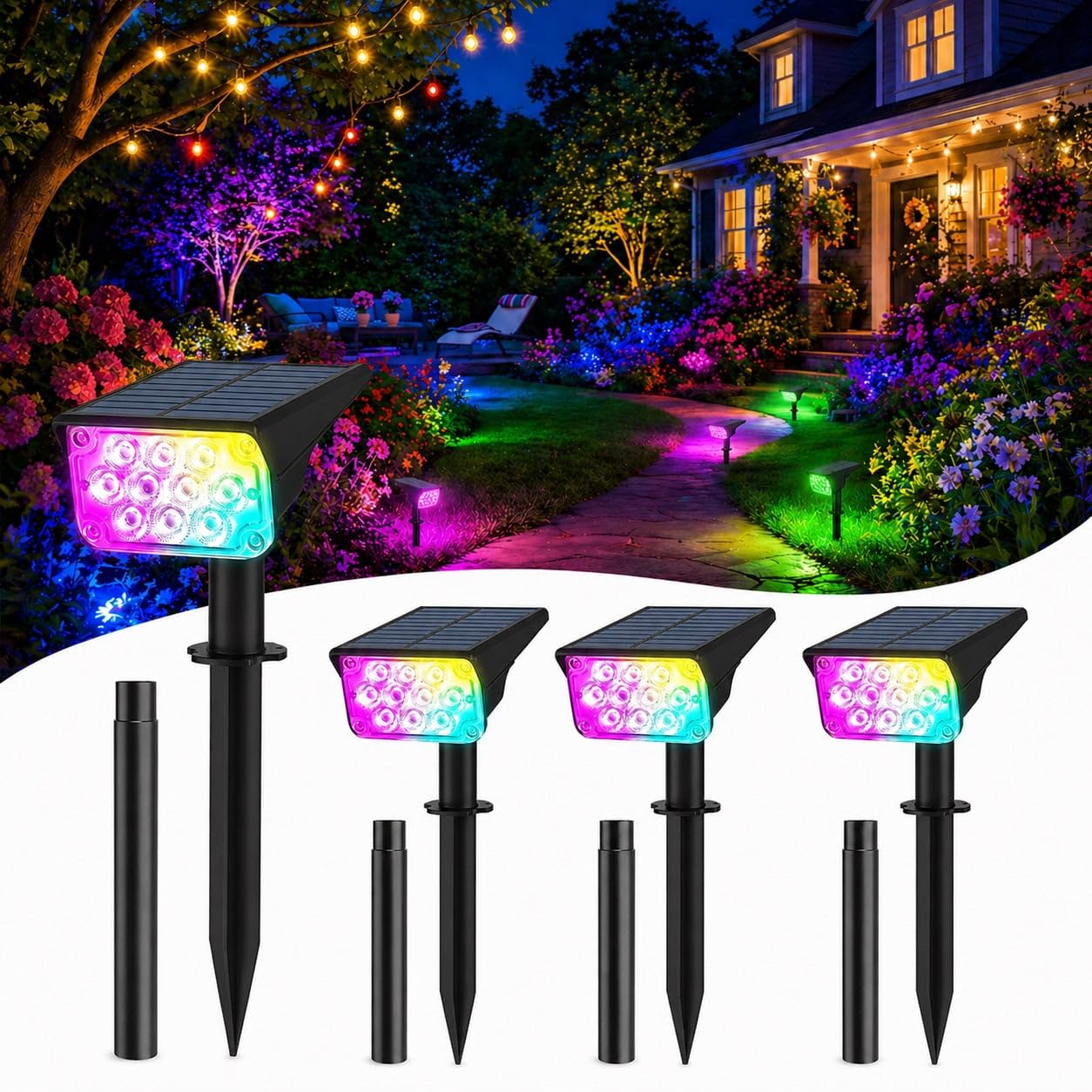T-SUNUS Gartenstrahler Solar Außen mehrfarbig, Solarstrahler für Außen 10 LED Solarlampen für außen 6 Farbwechsel Solar Gartenleuchte IP65 Wasserdicht für Bäume Sträucher Gartenweg 4 Stück