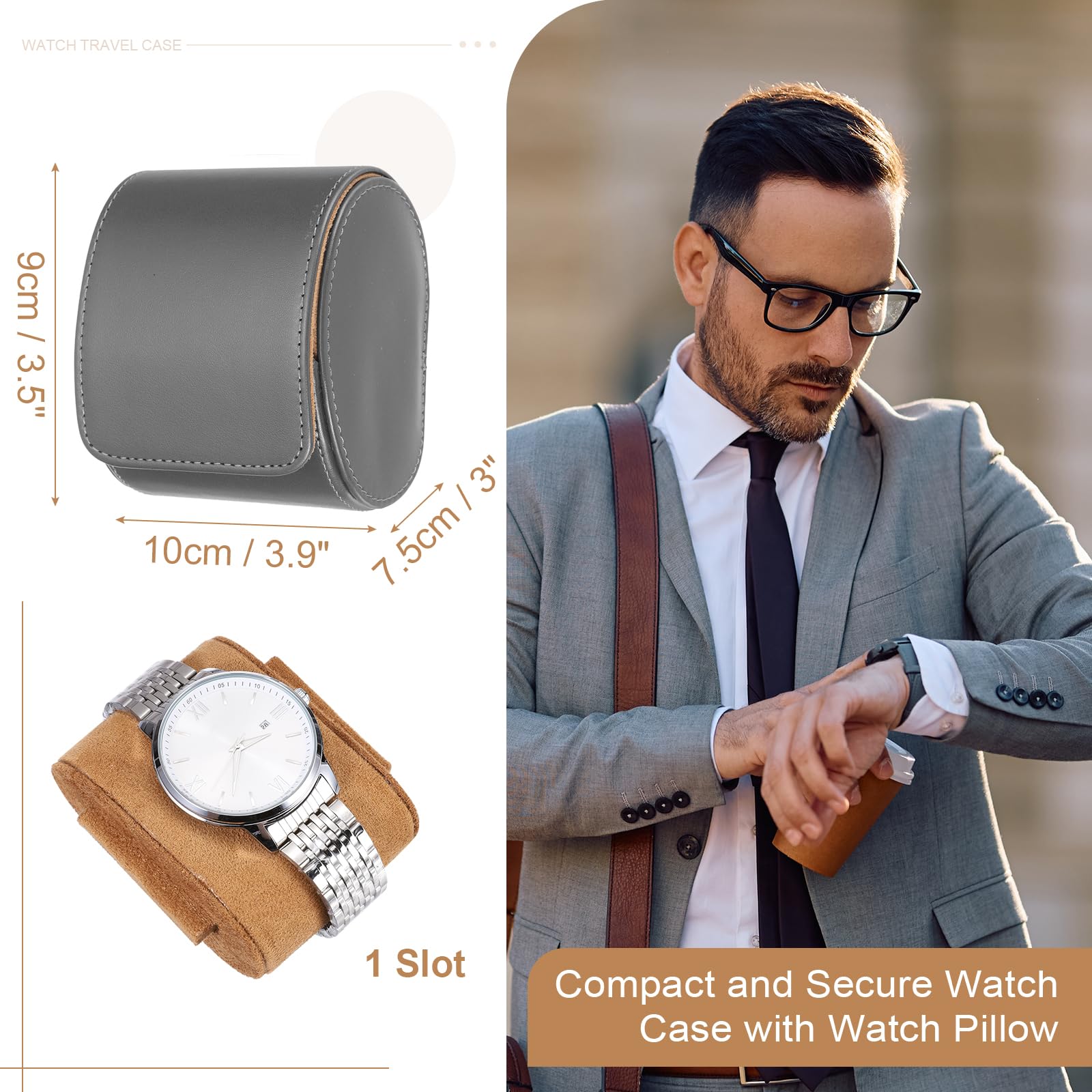Custodia da viaggio per orologio da uomo in pelle, astuccio arrotolabile per orologio, scatola portaoggetti portatile per orologio, ideale per Natale, compleanno e anniversario, 1 scomparto (grigio)