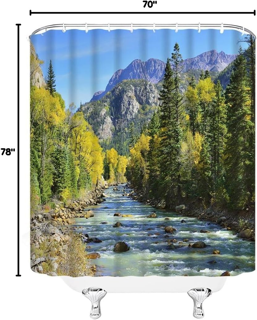 Mountain Shower Curtain Mountain Forest Stream Pines Trees Nature Landscape Scenery Outdoor Theme Fabric Bathroom Decor with Hooks(78" Wx70 H)