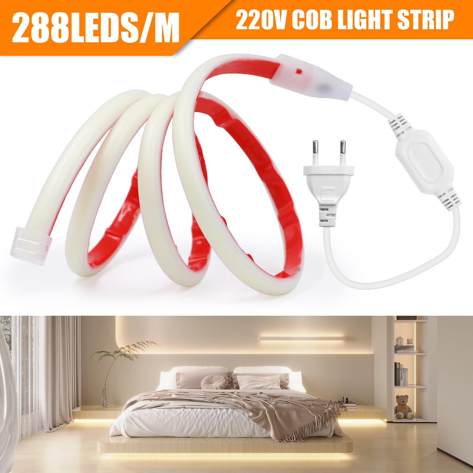 AC220-240V Neon LED Streifen Selbstklebend, 8M 288LEDs/m Superhell Flexible FCOB LED Leuchtband (Schnitt alle 50cm), IP65 Warmweiß COB LED Band mit Stromkabel für Weihnachten, Party-Deko