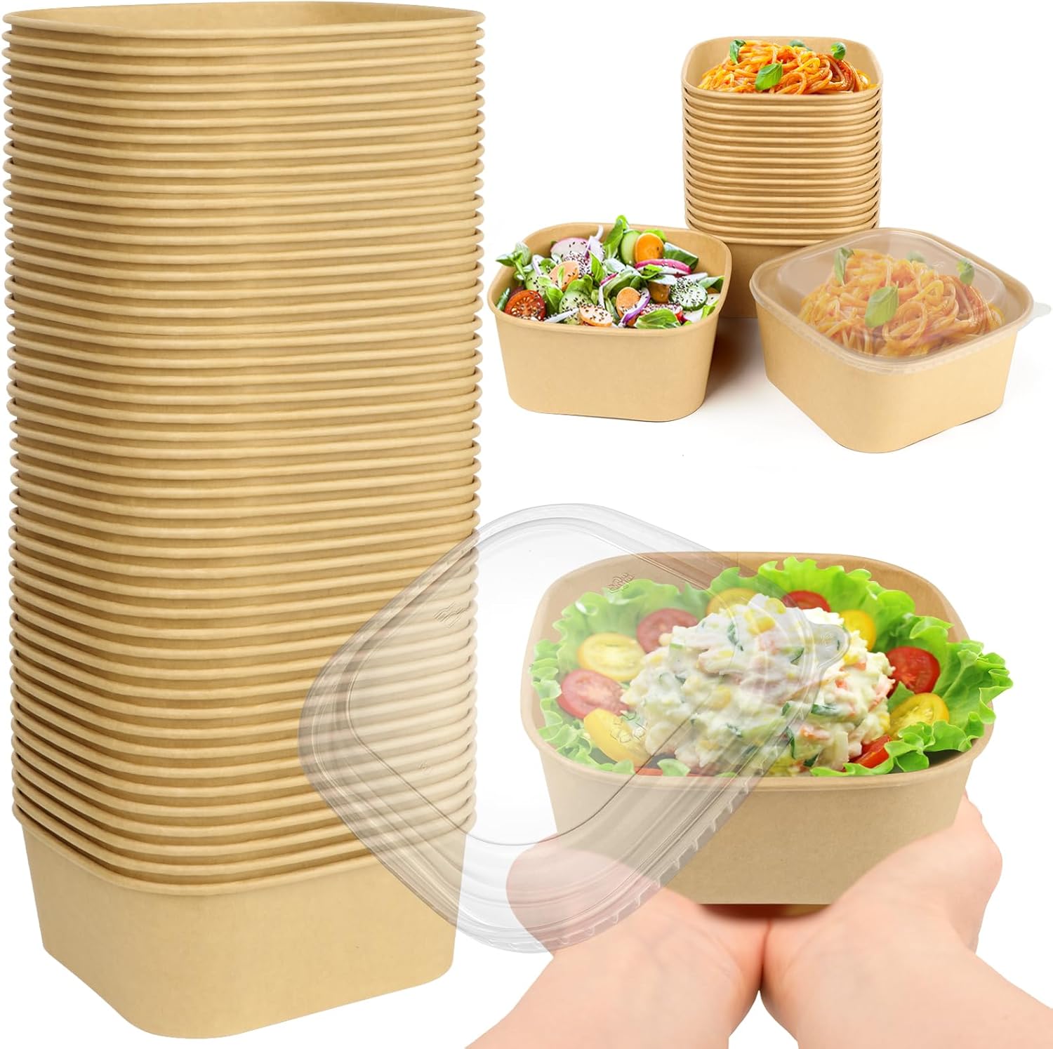 Kiraque Paper Bowls with Clear Lids, Disposable Kraft Paper