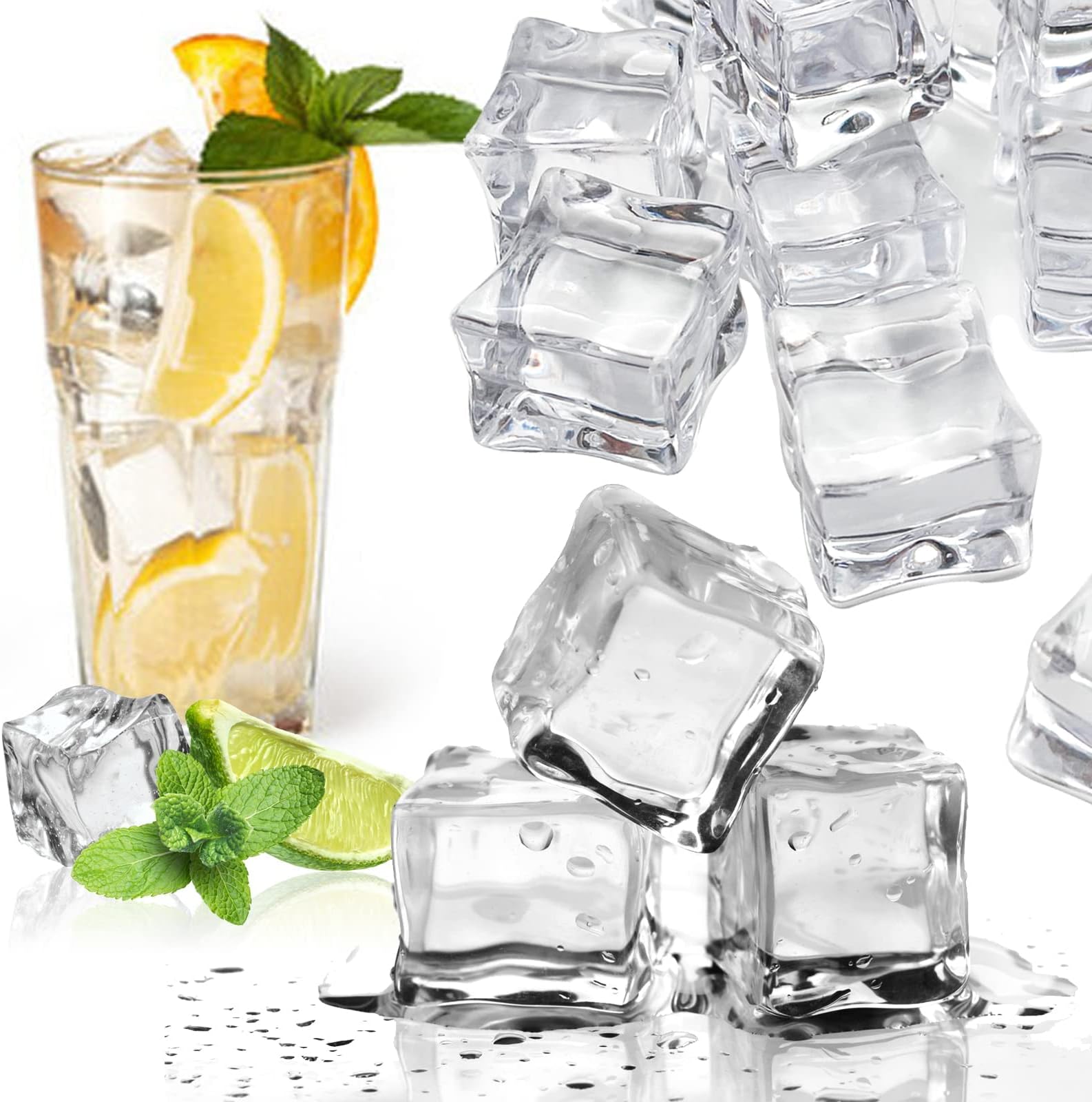 KASTWAVE 50 Pcs 30MM Reusable Plastic Ice Cubes,Clear Acrylic Fake Ice Cubes,Artificial Square Crystal Fake Ice Cubes for Photography Props Home Decoration Wedding Centerpiece Vase Fillers
