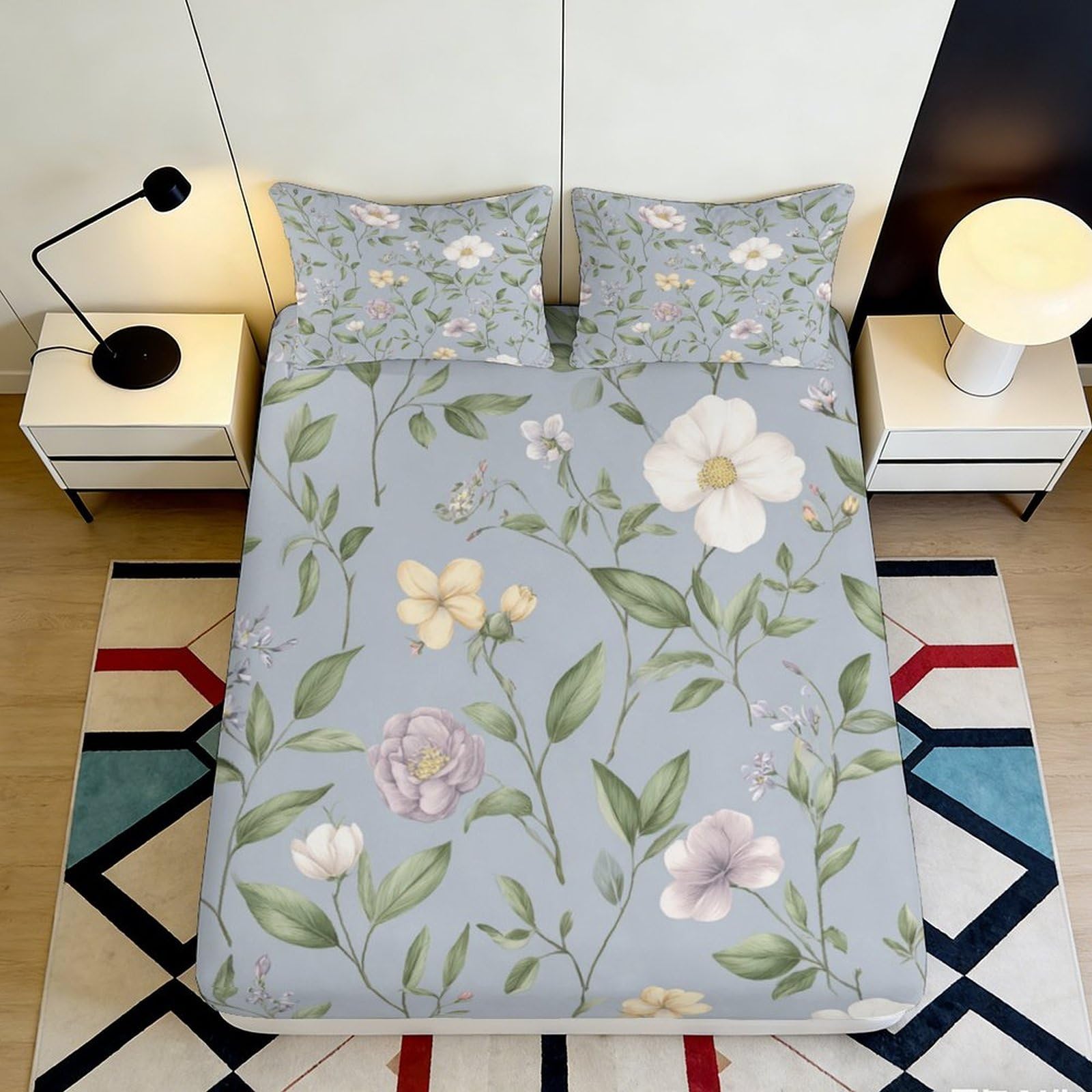 3D Printed Pastel Floral Fitted Sheet Microfiber Soft Anti-Slip Botanical Bed Cover for Bedroom Dorm Mattress Protection Decor 140x200x25cm