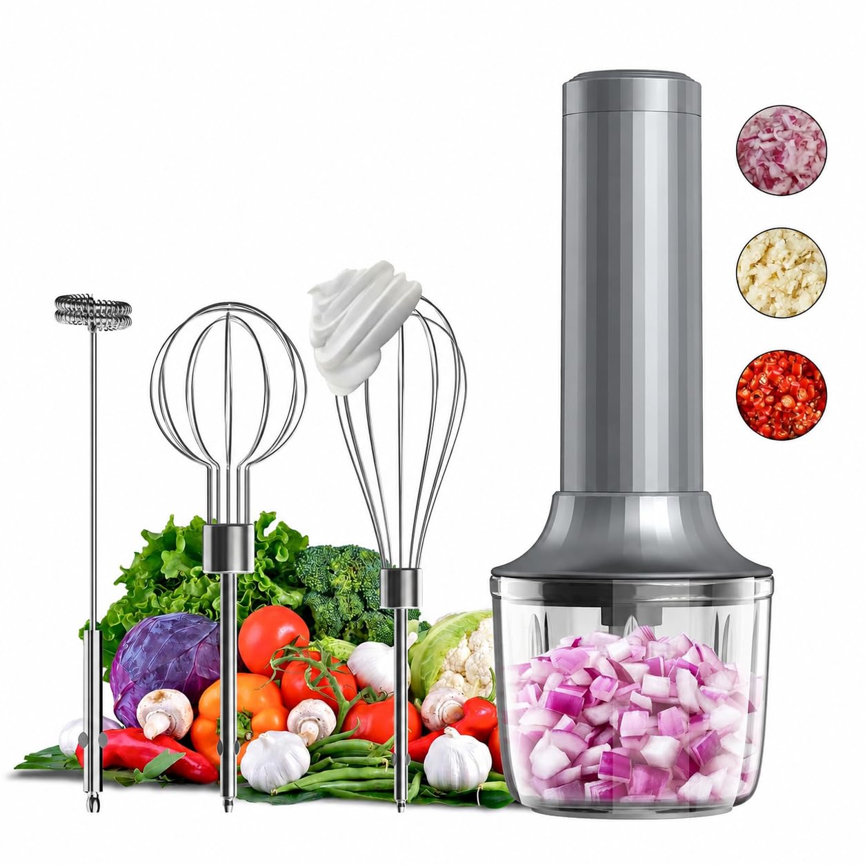 Electric Hand Mixer with Whisk, Handheld Electric Whisk, Hand Blender Set for Mini Food Processor, Rechargeable Cordless Handheld Mixer, Small Food Chopper for Dicing, Mincing, and Puree, 4-Speed,10Oz