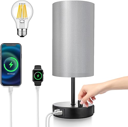 Lámparas de mesita de noche de 15.75 pulgadas con puertos USB A+C y salida de CA, pequeña luz de mesita de noche para dormitorios, lámpara de