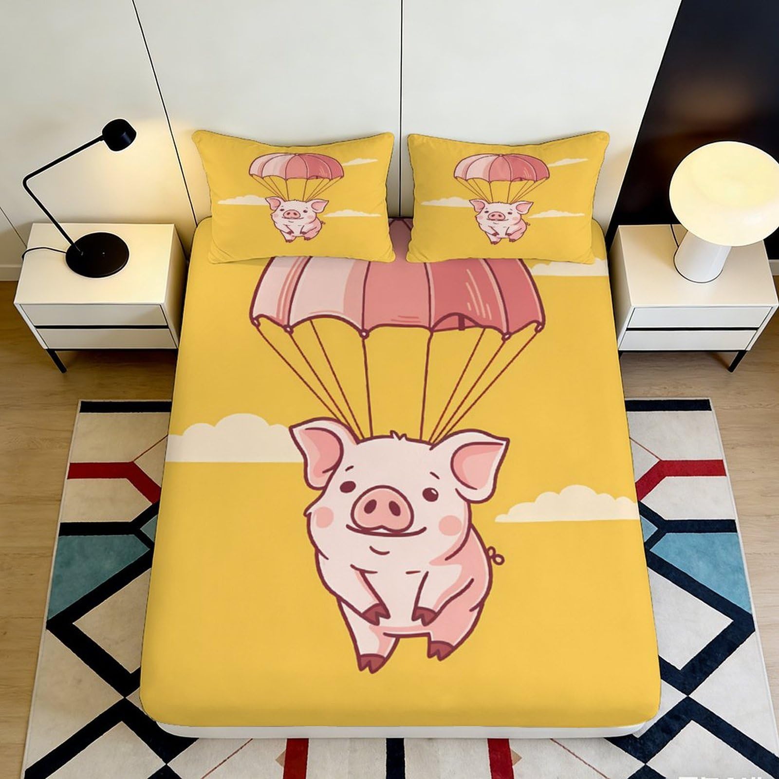 3D Printed Parachute Pig Fitted Sheet Microfiber Yellow Cartoon Bed Cover for Bedroom Dorm Room Decor Easy Care 90x200x25cm