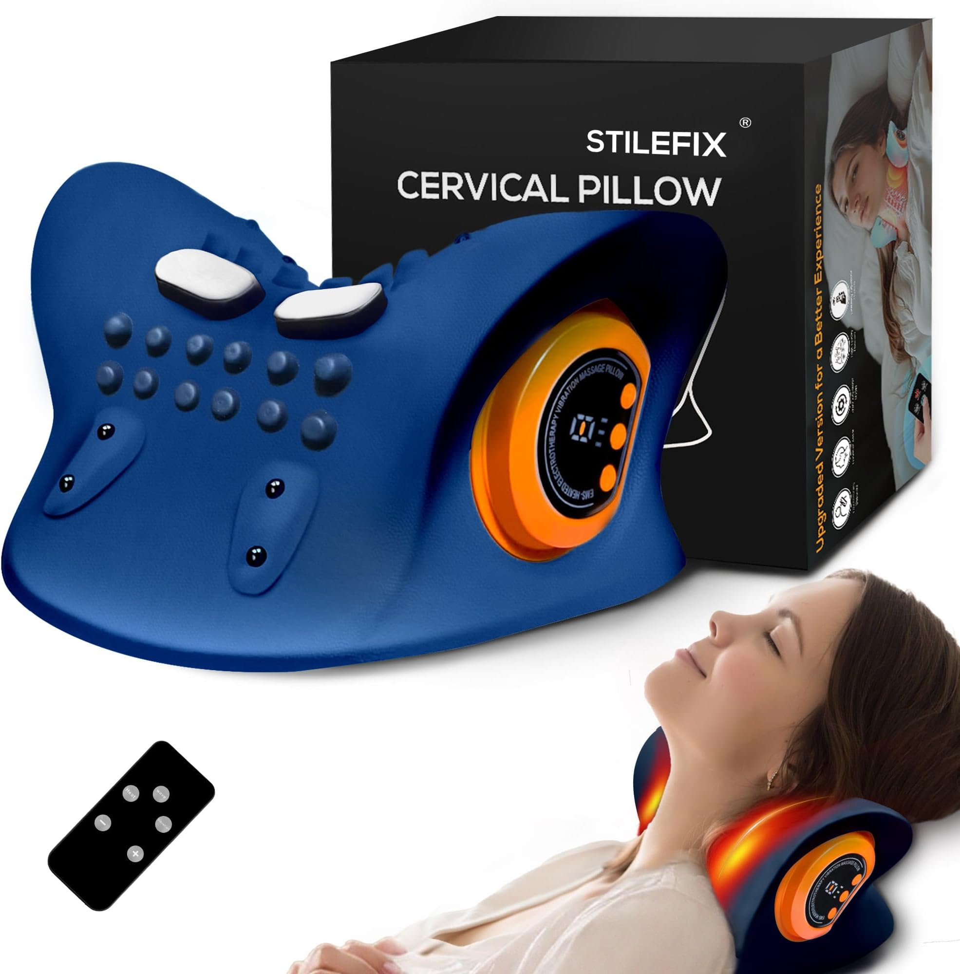 Neck Massager Pillow for Deep Tissue Pain Relief, Portable Neck Stretcher with Heat, 3 Adjustable Modes, Ergonomic 26° Shoulder Massager,Father’s Day Gift,Dark Blue