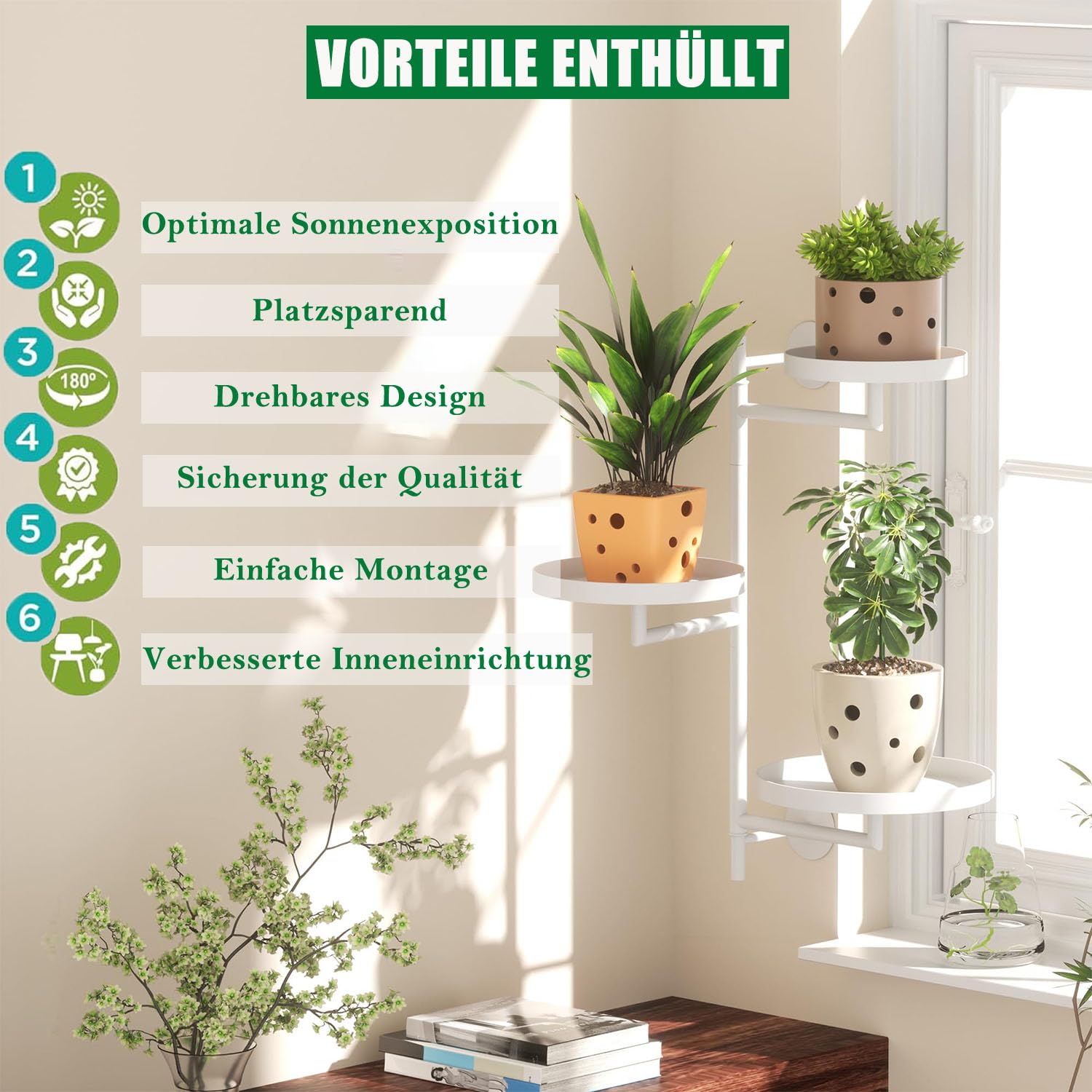 Duscdesp 3 Etagen Drehbare Pflanzenregale Fenster Blumenständer Metall, Blumenregal Pflanzenständer Blumentreppe Pflanzen Ständer Wandregal Deko für Zimmerecke Wohnzimmer Balkon Terrasse Hof (Weiß) Garten
