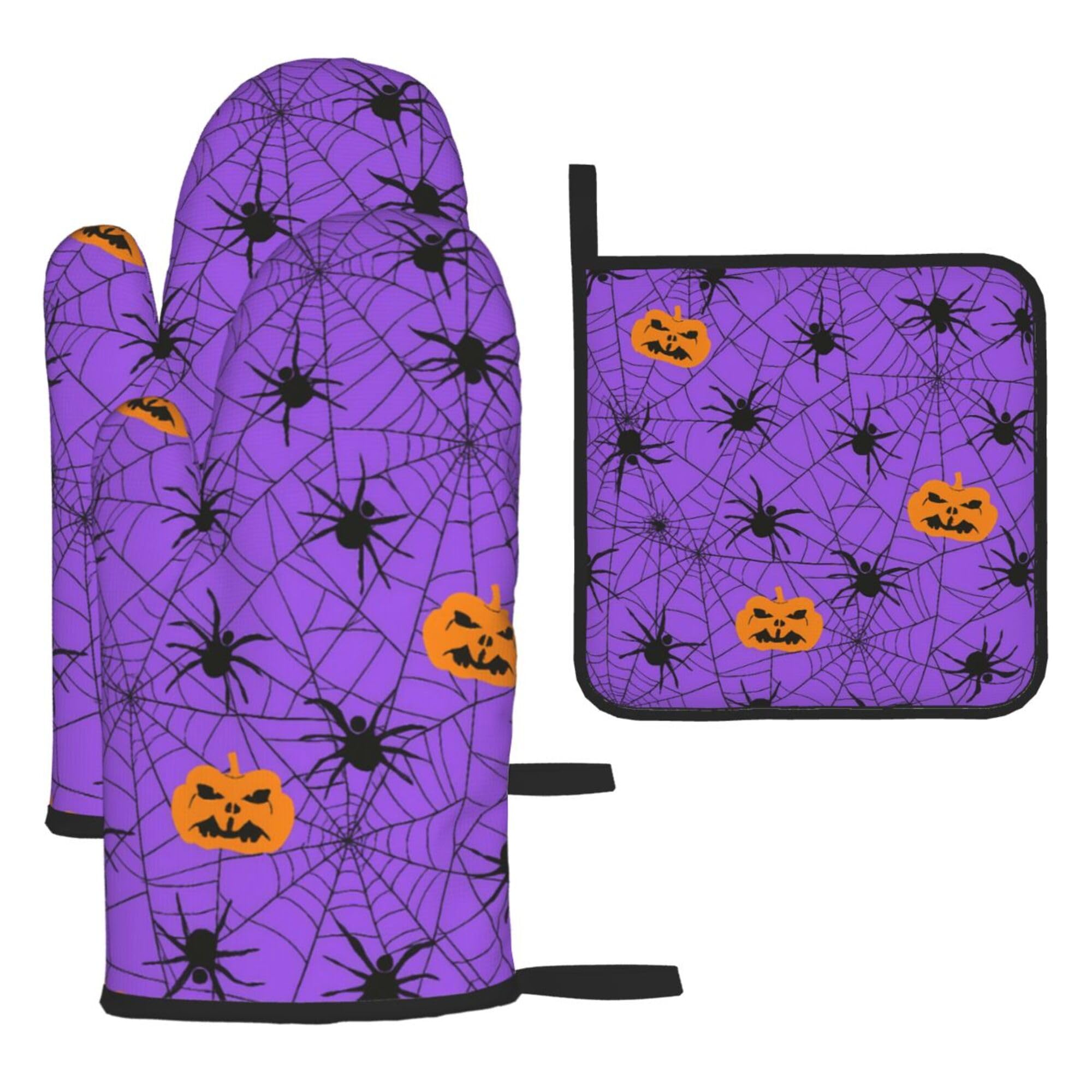 Halloween Pumpkin, Spider and Cobweb Oven Mitts and Pot Holders 3pcs Set Heat Resistant Kitchen Gloves