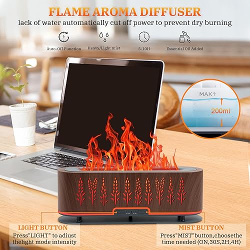 Miniatura 3 de Difusores de aceite esencial, difusor de aire de llama, difusor de aromaterapia de 6.8 fl oz con 2 modos de niebla, 4 temporizadores de encendido y