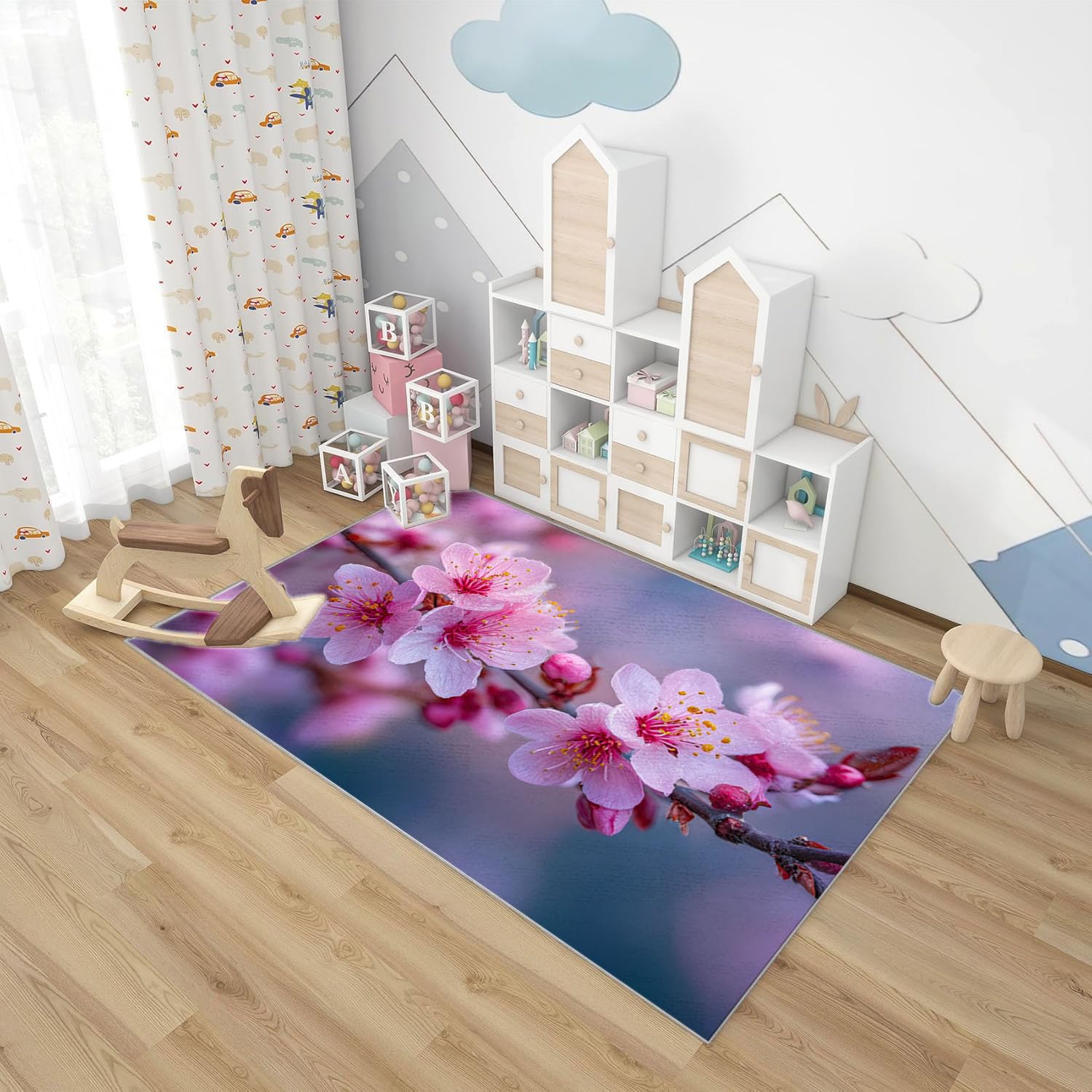 Tapis de Salon Imprimé Coloré Branche de pêche en Poudre pour Salon, Chambre, Bureau(Rose pâle)-90x120cm