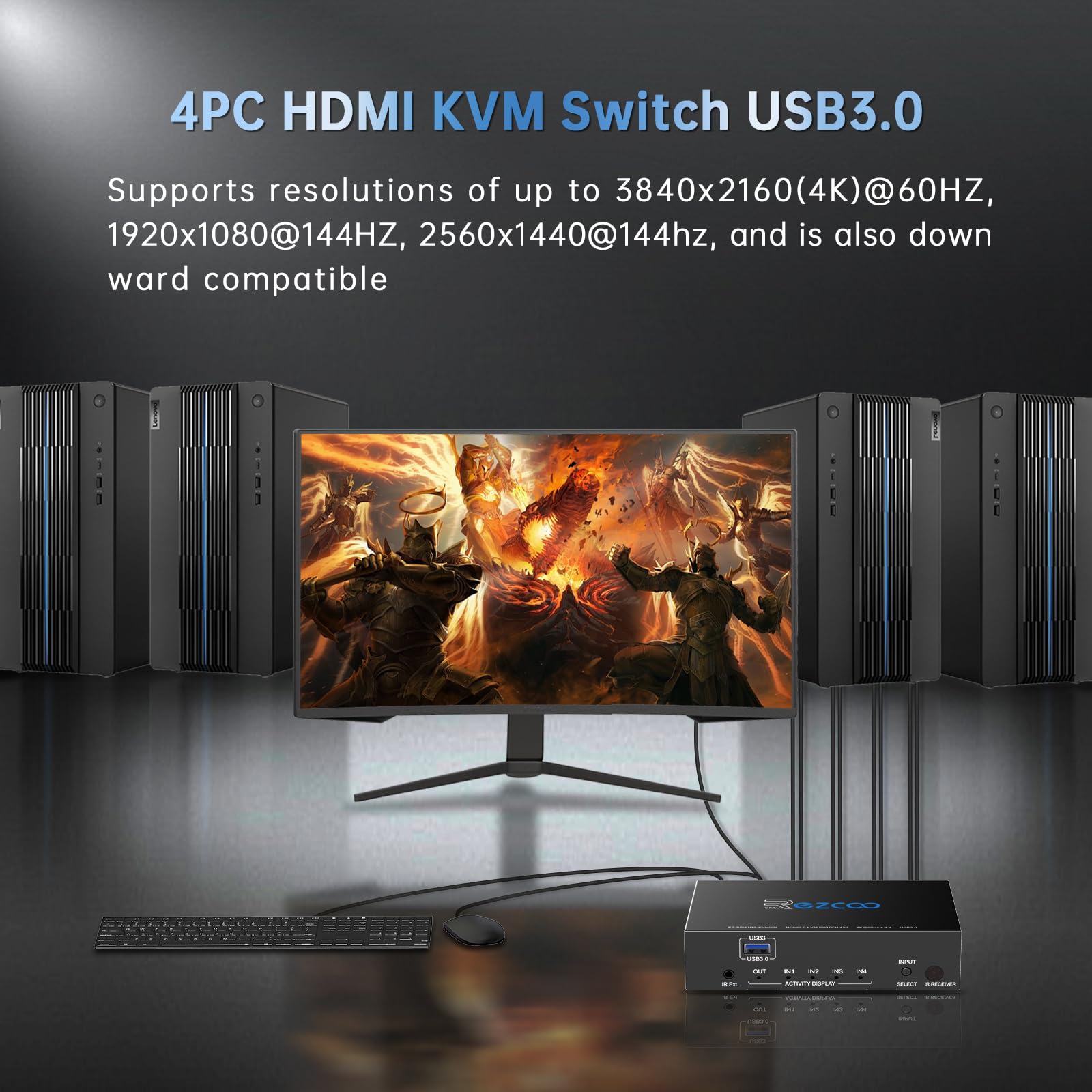 USB3.0 HDMI KVM Switch 4 Port 4 In 1 Out 4K 60Hz 4 In 4 Out SPDIF 5.1 Audio Breakout Mouse/Keyboard/Wireless USB for PC,Printer,Scanner,Windows,Linux, HDR HDMI Auto Switch 4x1,IR Remote KVM 4X1
