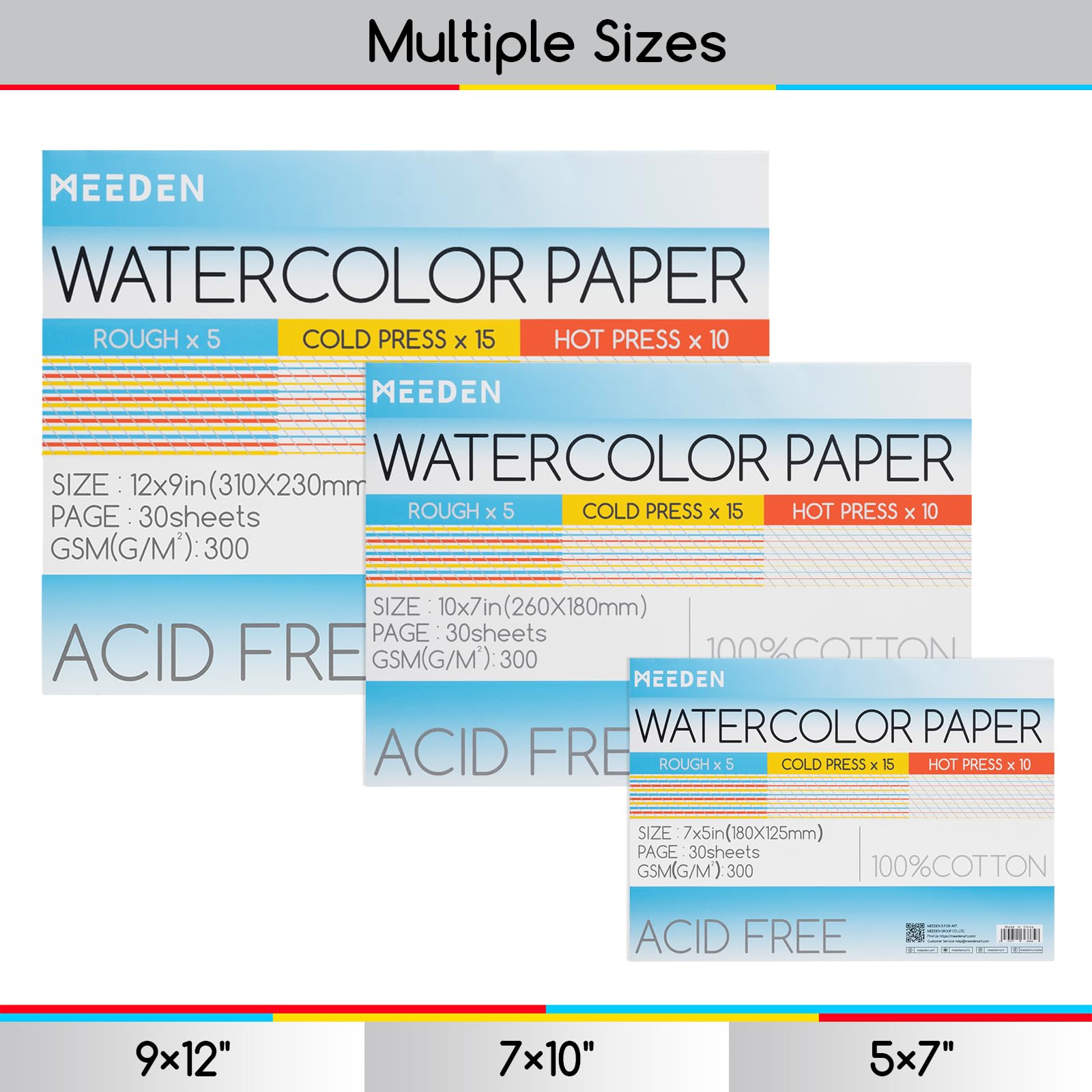 MEEDEN Blok papieru akwarelowego – 3 tekstury, 100% bawełna, 30 arkuszy, 300 g/m², bezkwasowy papier artystyczny do akwareli, gwaszu, tuszu i innych, 23 × 30 cm