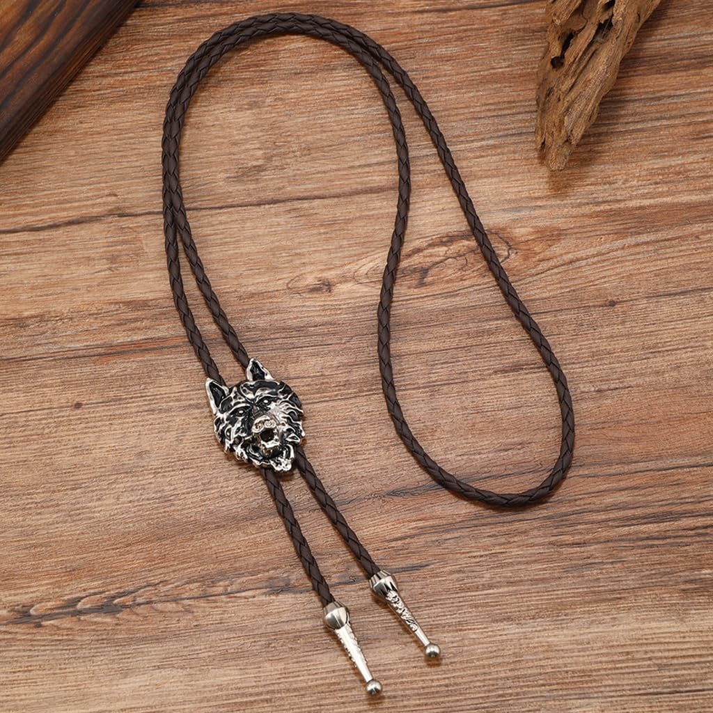 Bolo-Krawatte, Krawatte mit Wolfskopfanhänger aus Kunstleder, Seil und Metall