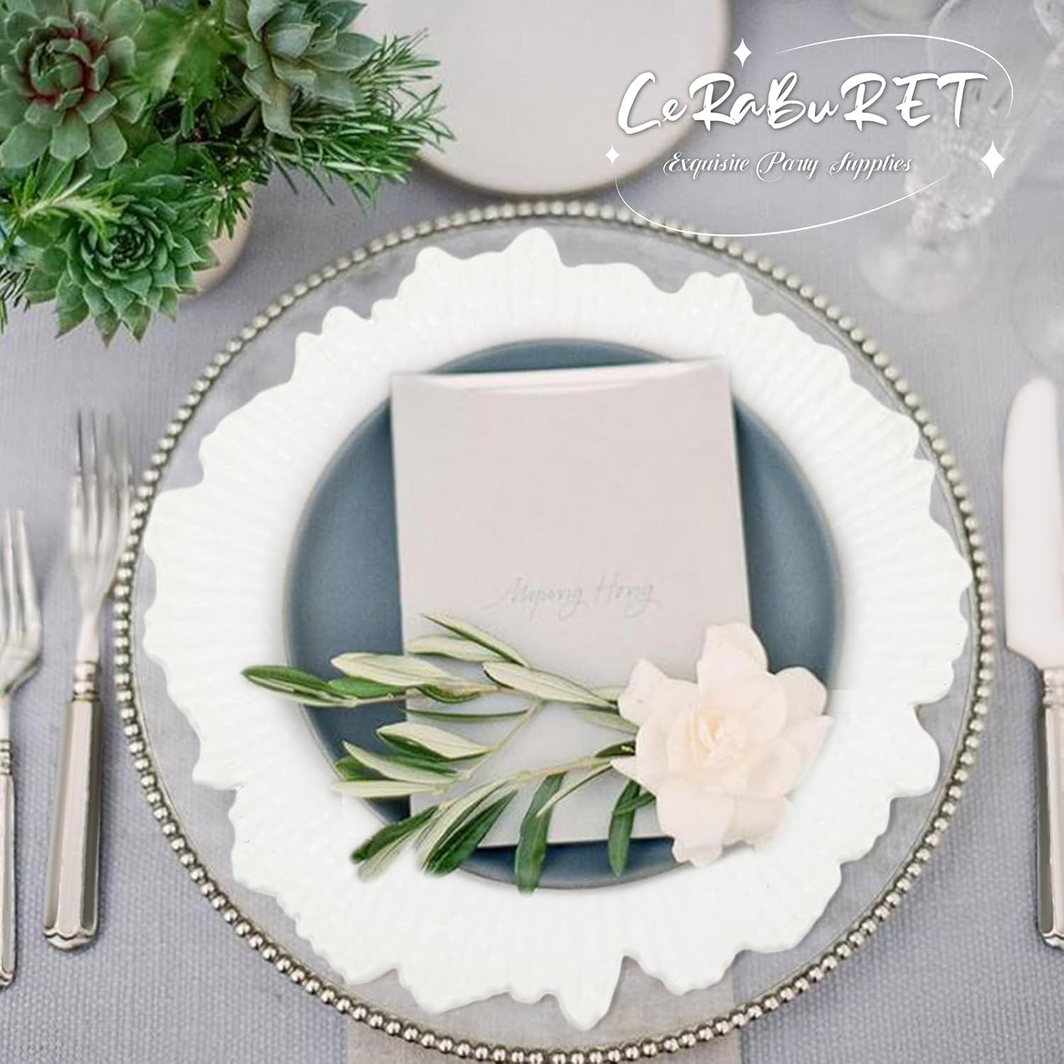 24 Pack Charger Plates, 12.6" Round Plastic Reef Plate Chargers with Flora Reef Design for Dinner Plates, Wedding, Party Elegant Decoration Place mats (White)
