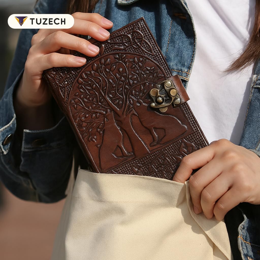 TUZECH Tree of Life with Wolves Vintage Book of Shadows Handmade Leather Journal Diary Notebook Seven Chakra Gift for Men Women Him Her With Leather Bound 7X5 Inches