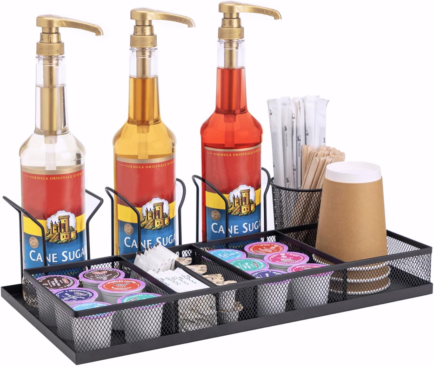Coffee Bar Organizer, Coffee Station Organizer with Syrup Rack & Mesh Drawer - Holds 3 Bottles, K-Cups, Stirrers for Condiment & Bar Counter Storage