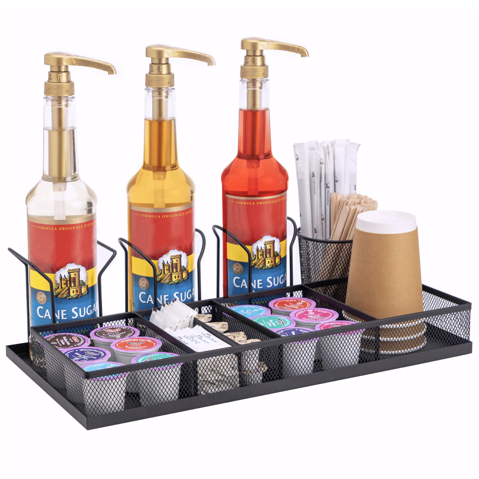 MsJelau Coffee Syrup Rack Organizer, Mesh Coffee Pod Drawer with 3 Coffee Syrup Organizer for K Cup Condiment Stirrers