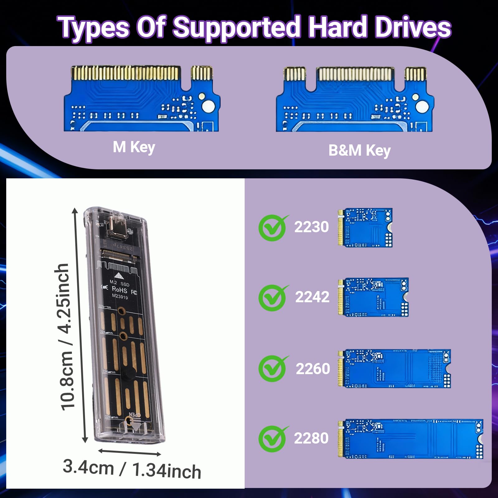 Boitier SSD M.2 Nvme, Adaptateur M2 Sata USB 3.1 USB-C pour NGFF 2230 2242 2260 2280