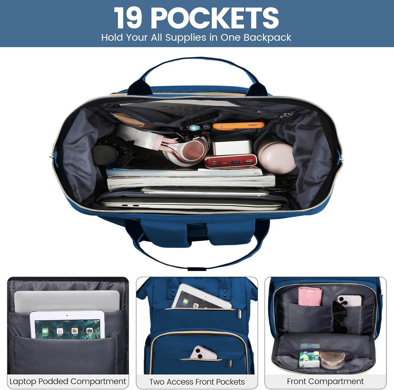 LOVEVOOK Laptop Backpack for Women,15.6 Inch Professional Womens Travel Backpack Purse Computer Laptop Bag Nurse Teacher Backpack,Waterproof College Work Bag Carry on Backpack with USB Port,Royal Blue - Image 2