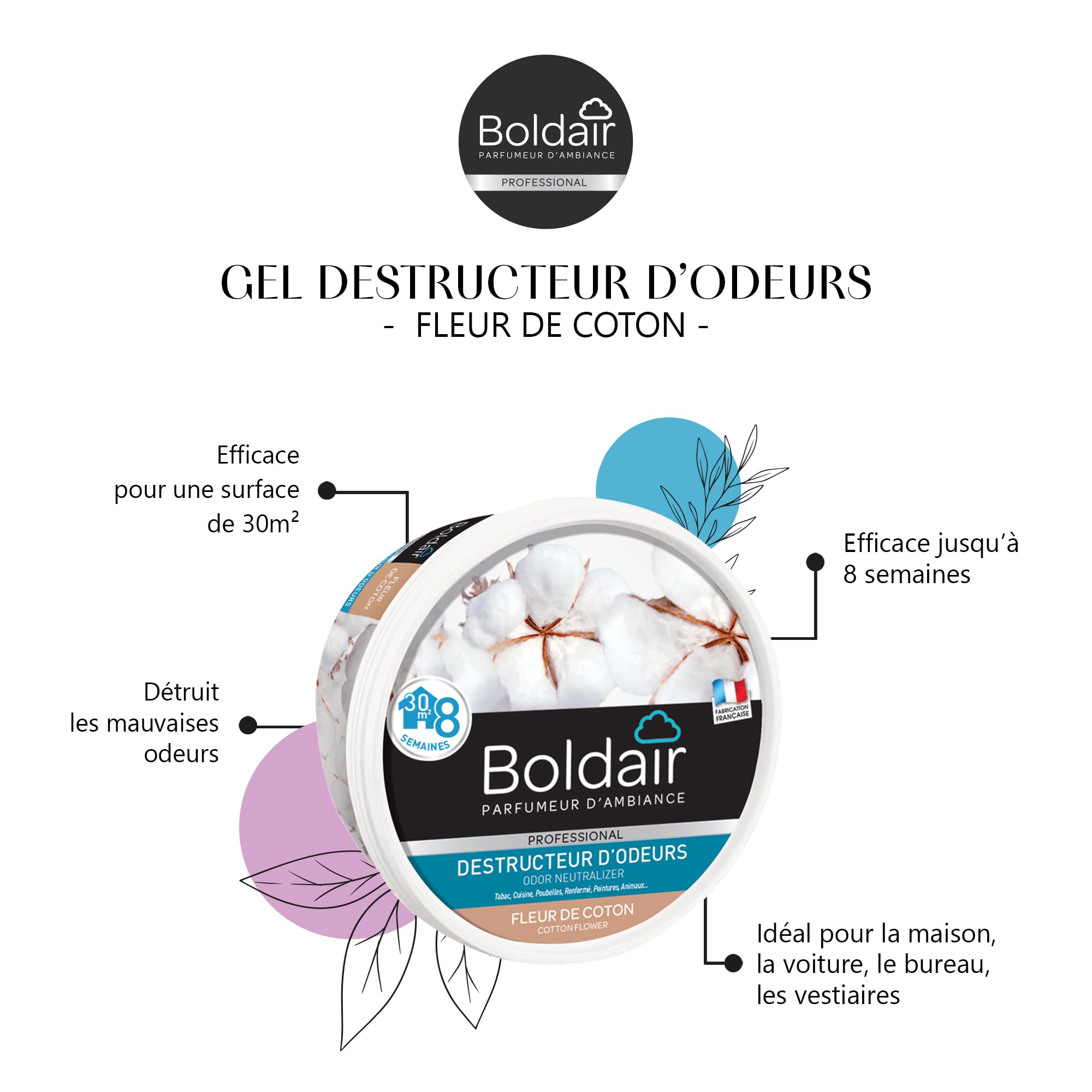 BOLDAIR Destructeur d'Odeurs en Gel Fleur de Coton 300 g