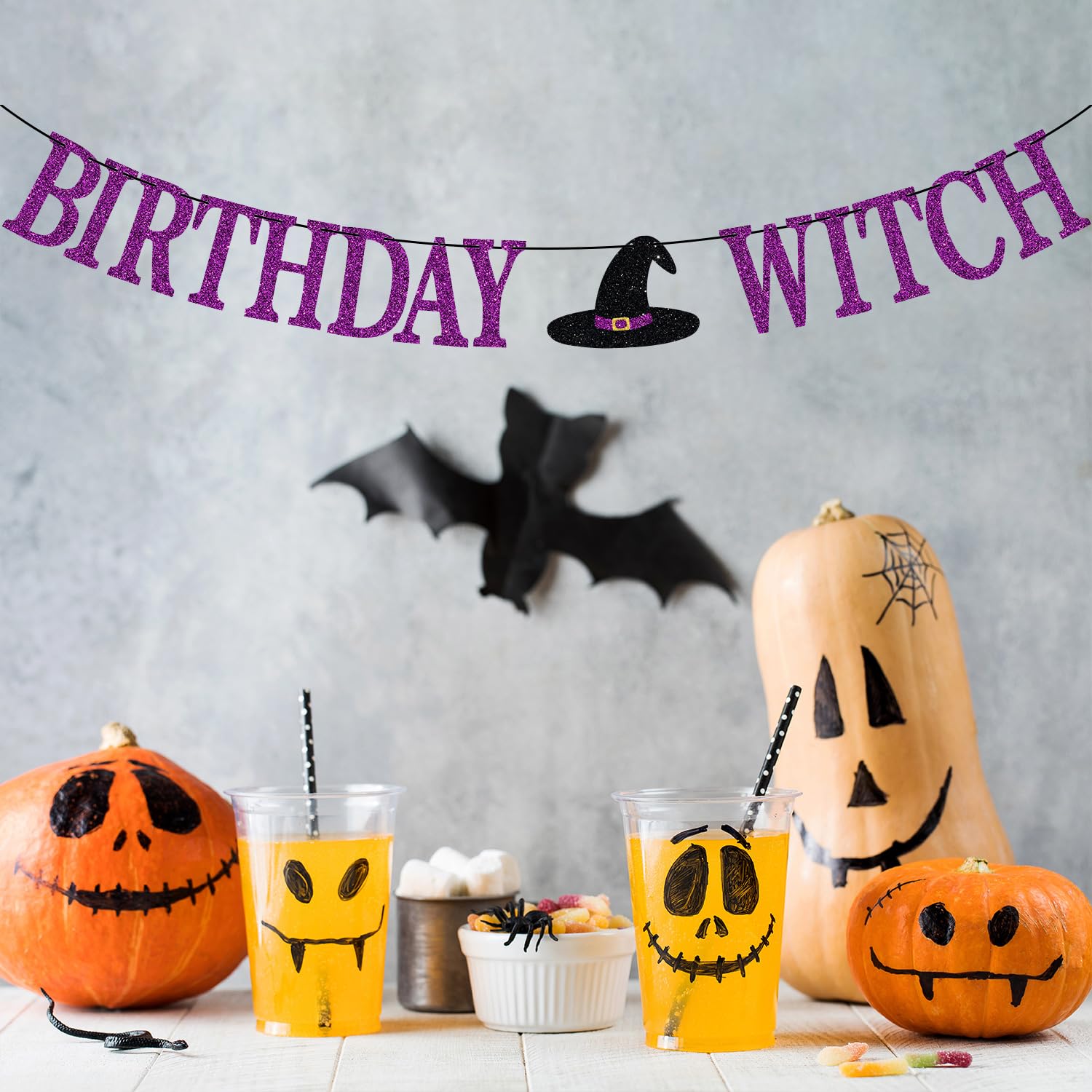 Halloween Hexen Geburtstagsbanner + Kuchen Topper Set – Hocus Pocus Deko – Mit Glitzerkarton – Inkl. Nadel & Band – Für Hexen-Geburtstagsparty