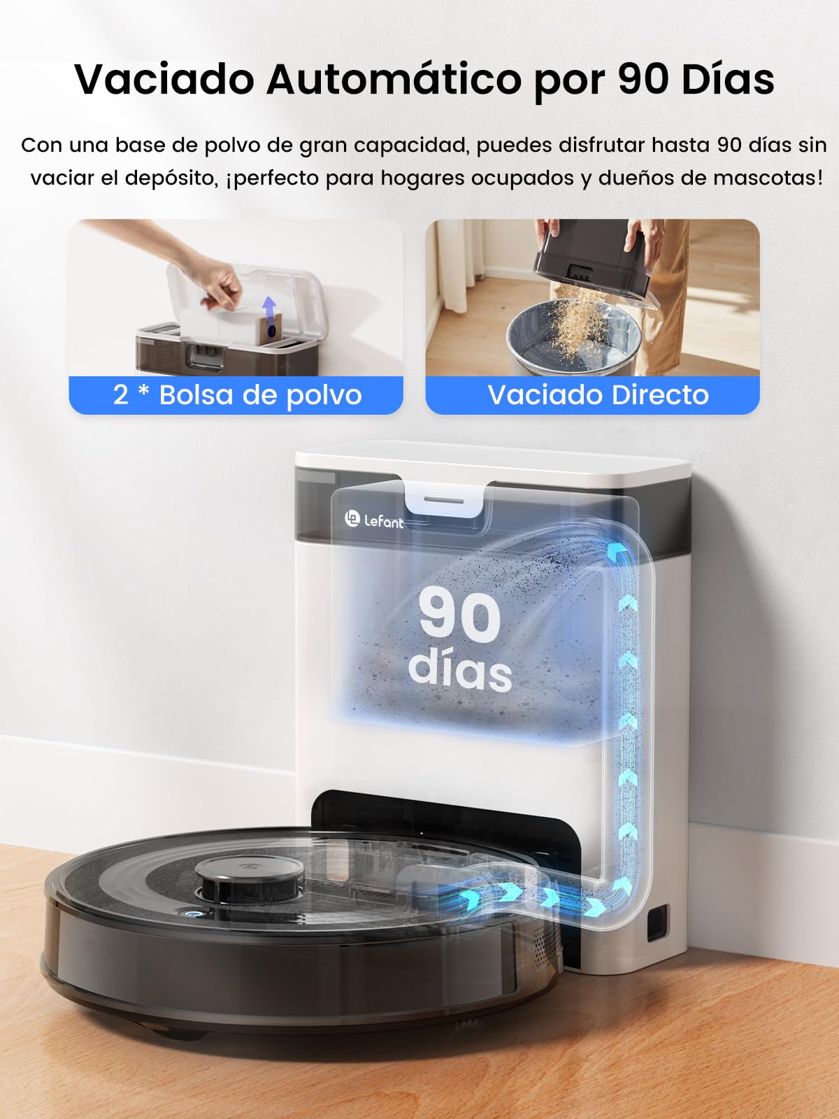 Lefant M2 Pro Robot Aspirador y Fregasuelos, 6000pa, 90 Días Autovaciado, Mapeo Multinivel, Navegación dToF, Limpieza Personalizada, Ideal para Limpiar Suelos Mixtos y Pelo Mascotas