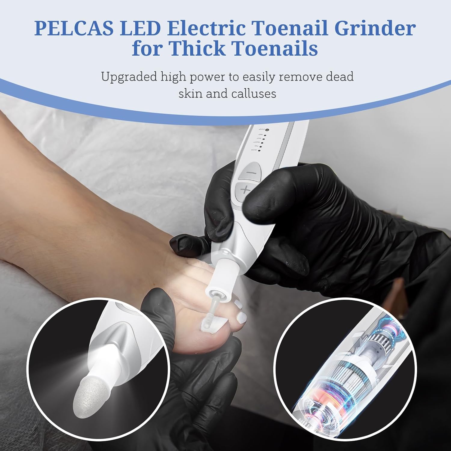 PELCAS Electric Nail File, 5 Speeds Manicure and Pedicure Kit, Cordless Nail Drill, Toenail Grinder for Thick Toenails with LED Light, Dremel Tool Kit for Human, Pet, Toenails, Natural & Acrylic Nails - Image 6