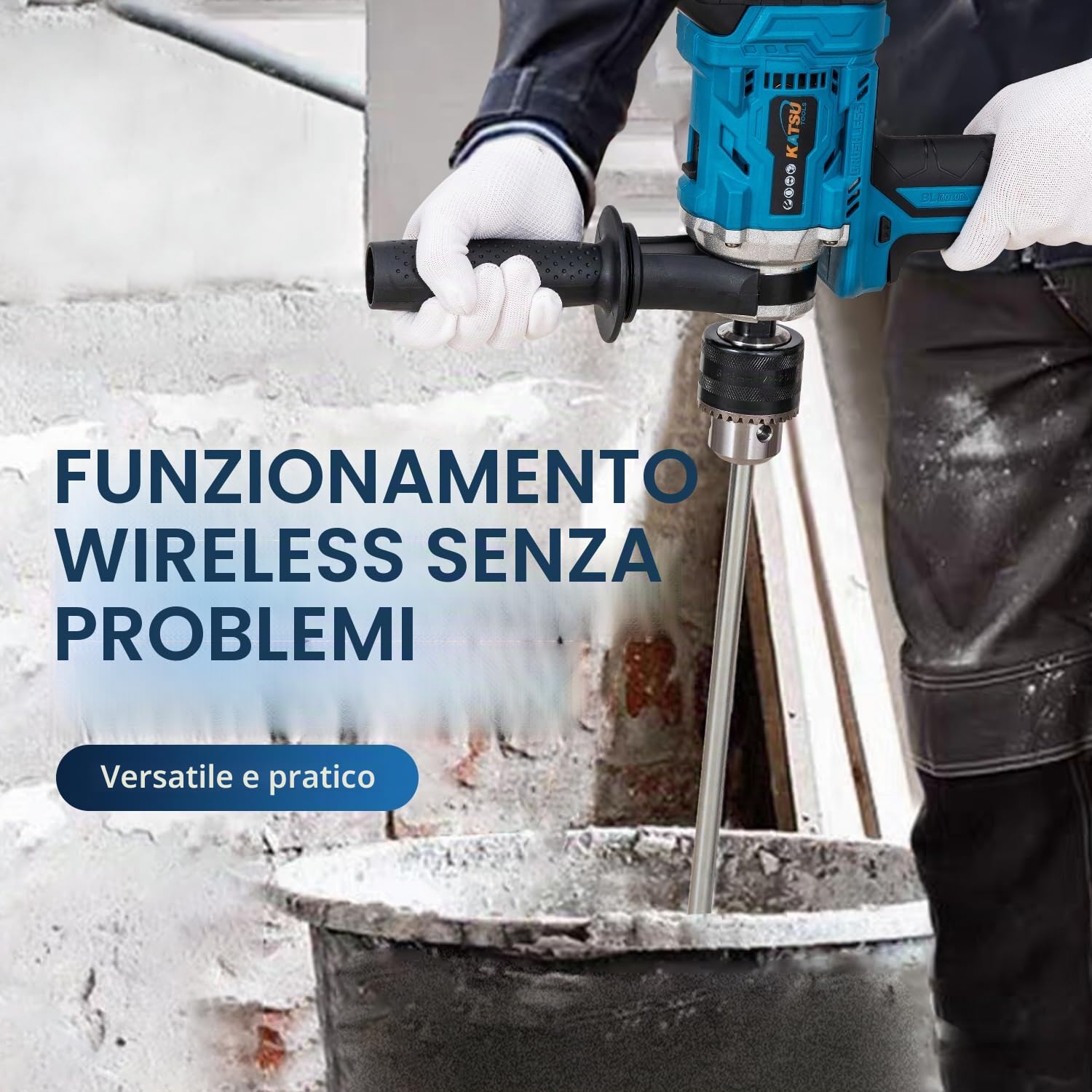 Katsu FIT-BAT - Trapano per miscelazione di malta cementizia senza spazzole senza fili, 21 V, mandrino da 16 mm, velocità continua, cambio a 2 marce, miscelatore portatile per intonaco, trapano a foro