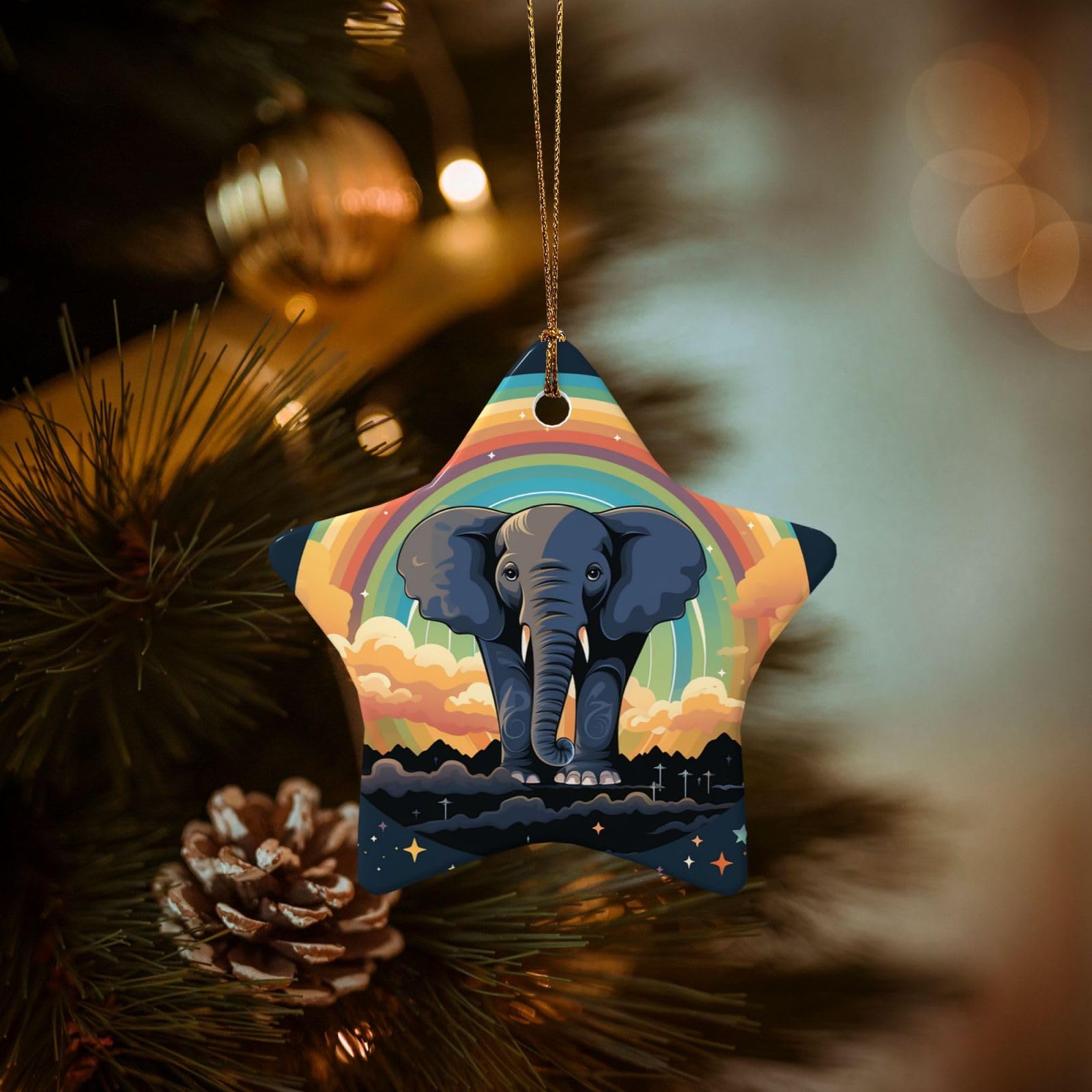 Christmas Tree Ornaments Ceramics Christmas Decorations Cute Elephant Rainbow Ornaments with Gold Ribbon Porcelain Xmas Tree Crafts Star Shape Hanging Pendant for Christmas Tree Party Decor