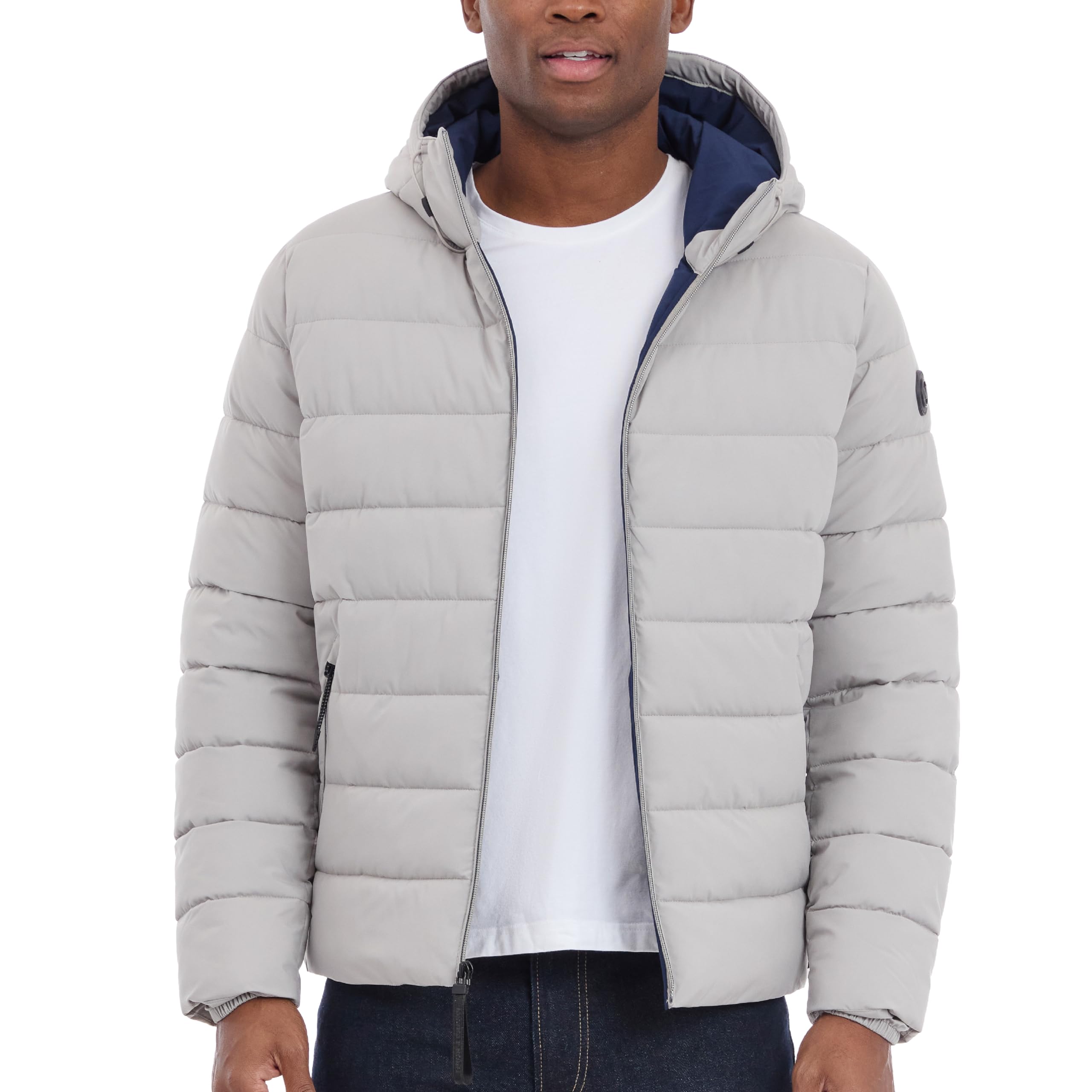 Michael Kors Men's Hooded Puffer Jacket, Rain and Cold Weather Coat, Nickel, M