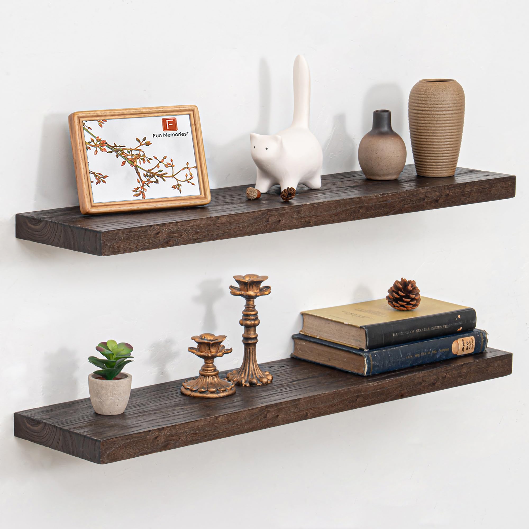 Fun Memories Floating Shelves for Wall Set of 2, Rustic Solid Elm Wood Wall Shelves 32 Inch - Invisible Bracket Mount for Living Room, Bathroom,
