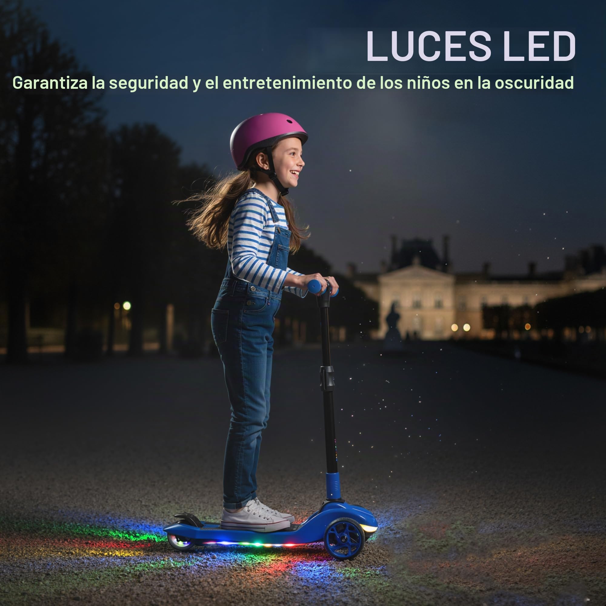AIYAPLAY Patinete eléctrico para niños Plegable, Patinete eléctrico 6+ Años, 3 Ruedas, arranque cero, velocidad máxima 8 km/h, luces LED coloridas, autonomía 8 km, freno de pie, azul