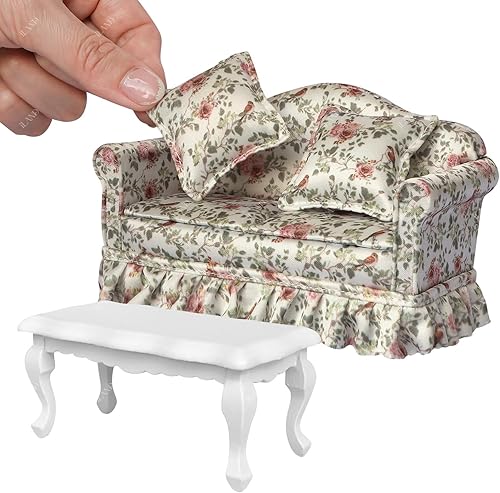 Miniatura 10 de iLAND Muebles de casa de muñecas de sofá en miniatura, juego de muebles para casa de muñecas para accesorios de 112, elegantes sofás plisados de