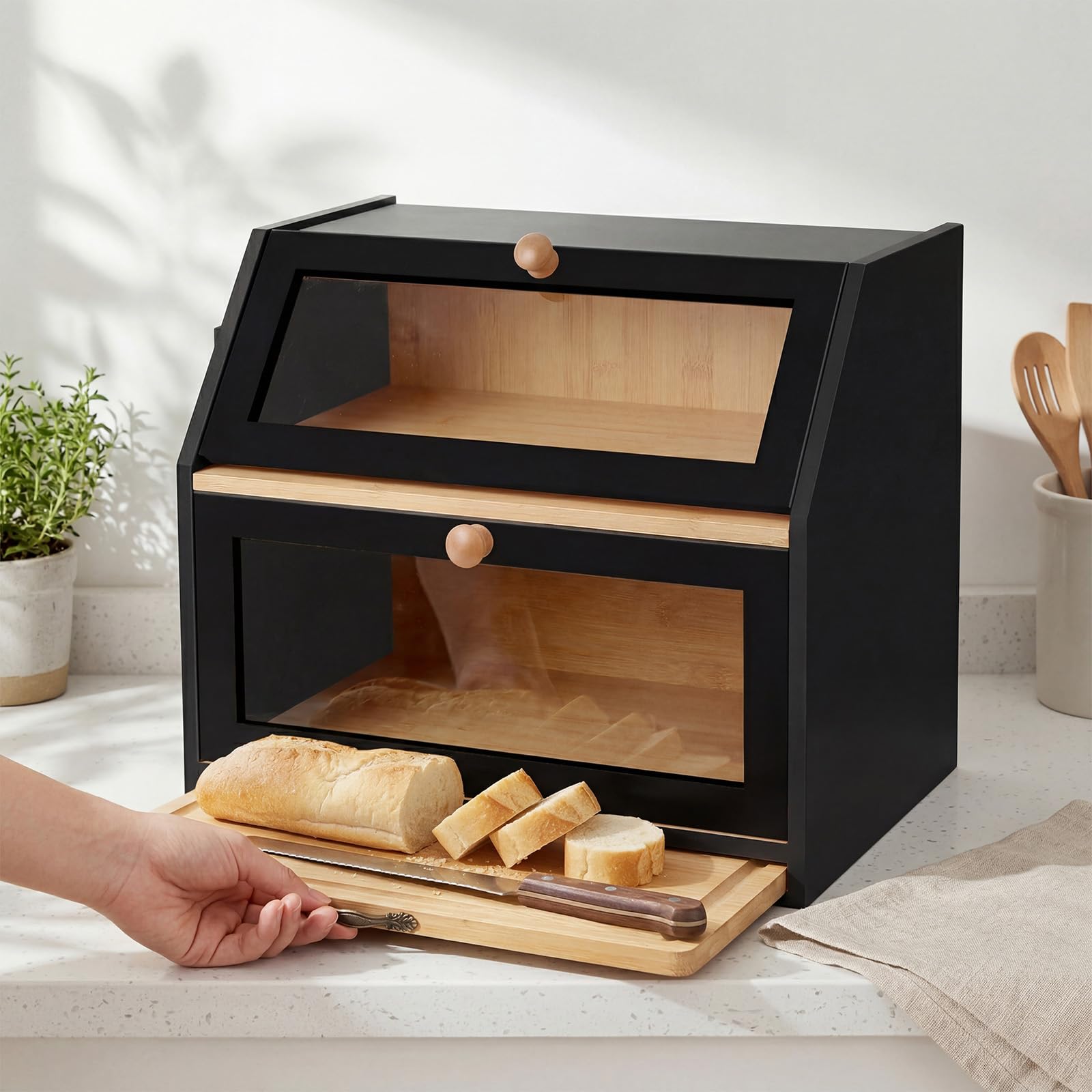 OHMG Boîte à Pain Bambou 2- Couche Countertop Boîte à Pain en Bois de Bambou pour Cuisine, Huche à pain,Nature,pour le stockage du pain,26 * 39 * 32.5cm