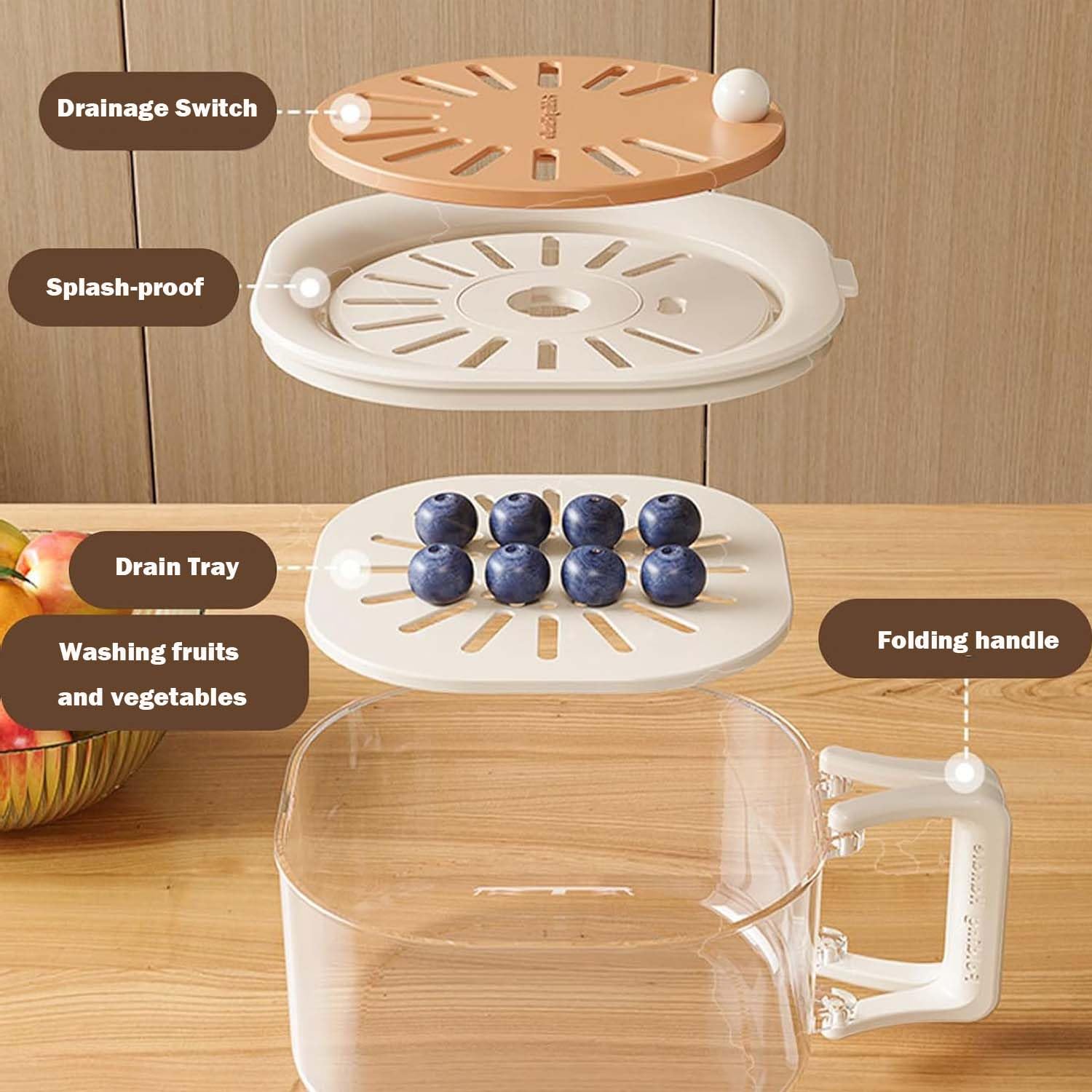 Multipurpose Drain Basket with Lid, 2-in-1 Fruit Washing Bowl with Strainer, Collapsible Handle Drain Basket for Fruit, Fruit Cleaner Bowl, Berry Containers for Fridge(Pink-1pc)