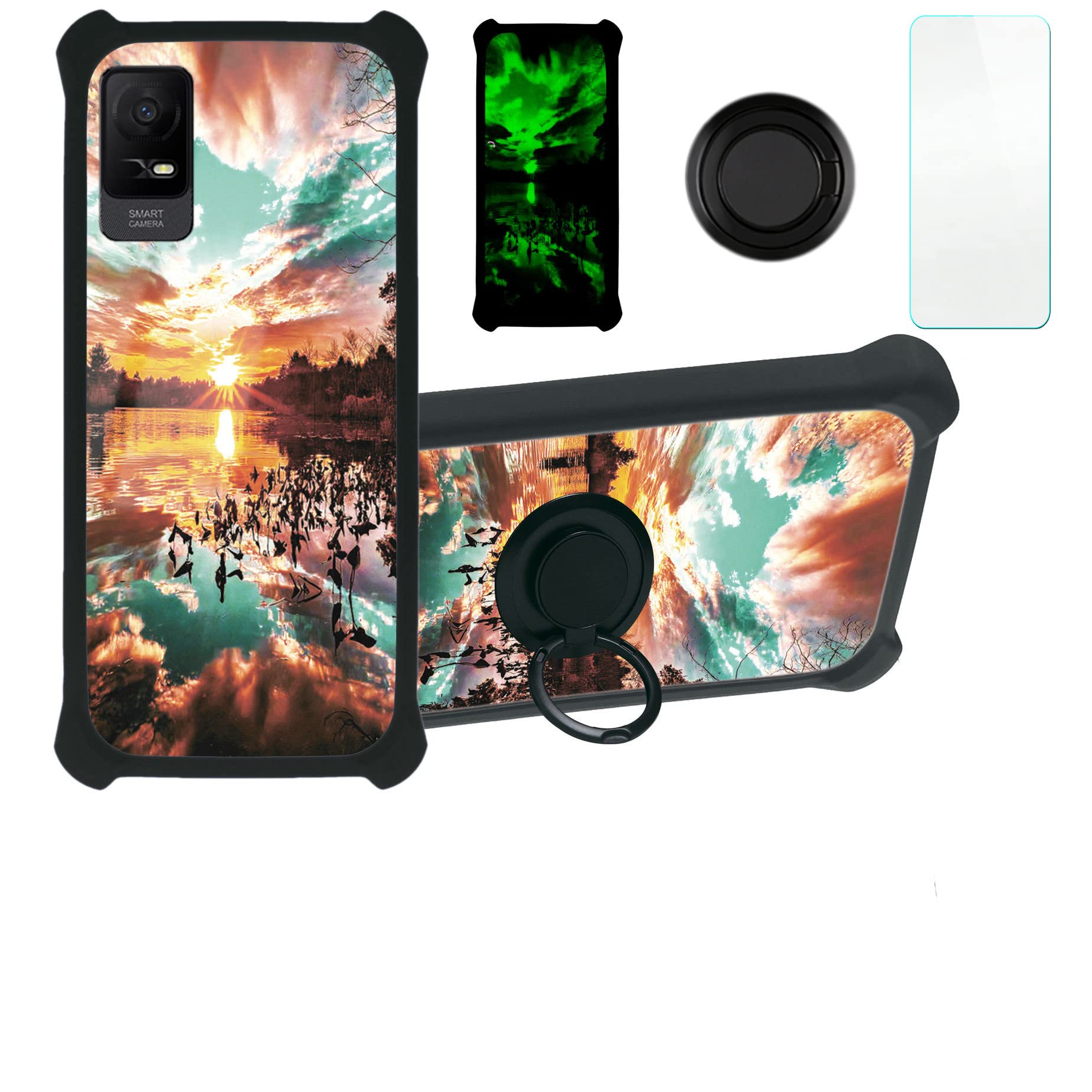 Aroepurt TCL ION X Case Compatible with TCL ION X Phone Case Cover [with Tempered Glass Screen Protector][Hard PC + Soft Silicone][Ring Support] [Luminous Effect] YGH-FJ