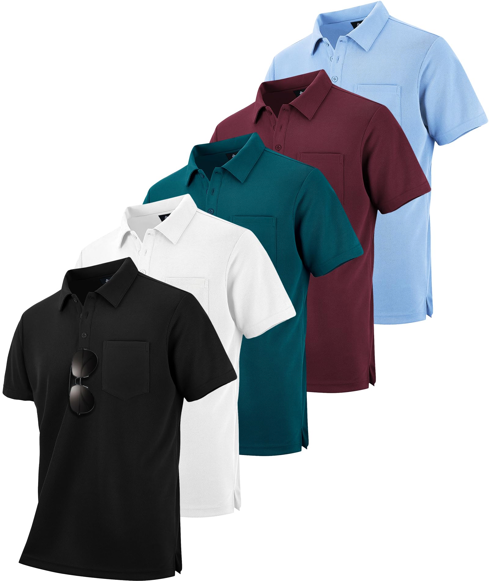 JACKETOWN 5er Pack Poloshirt Herren Kurzarm Sommer Funktionsshirt Polo Set 4-Wege-Stretch Atmungsaktiv Sport Golf Polo T Shirts Knopfleiste Männer M-3XL