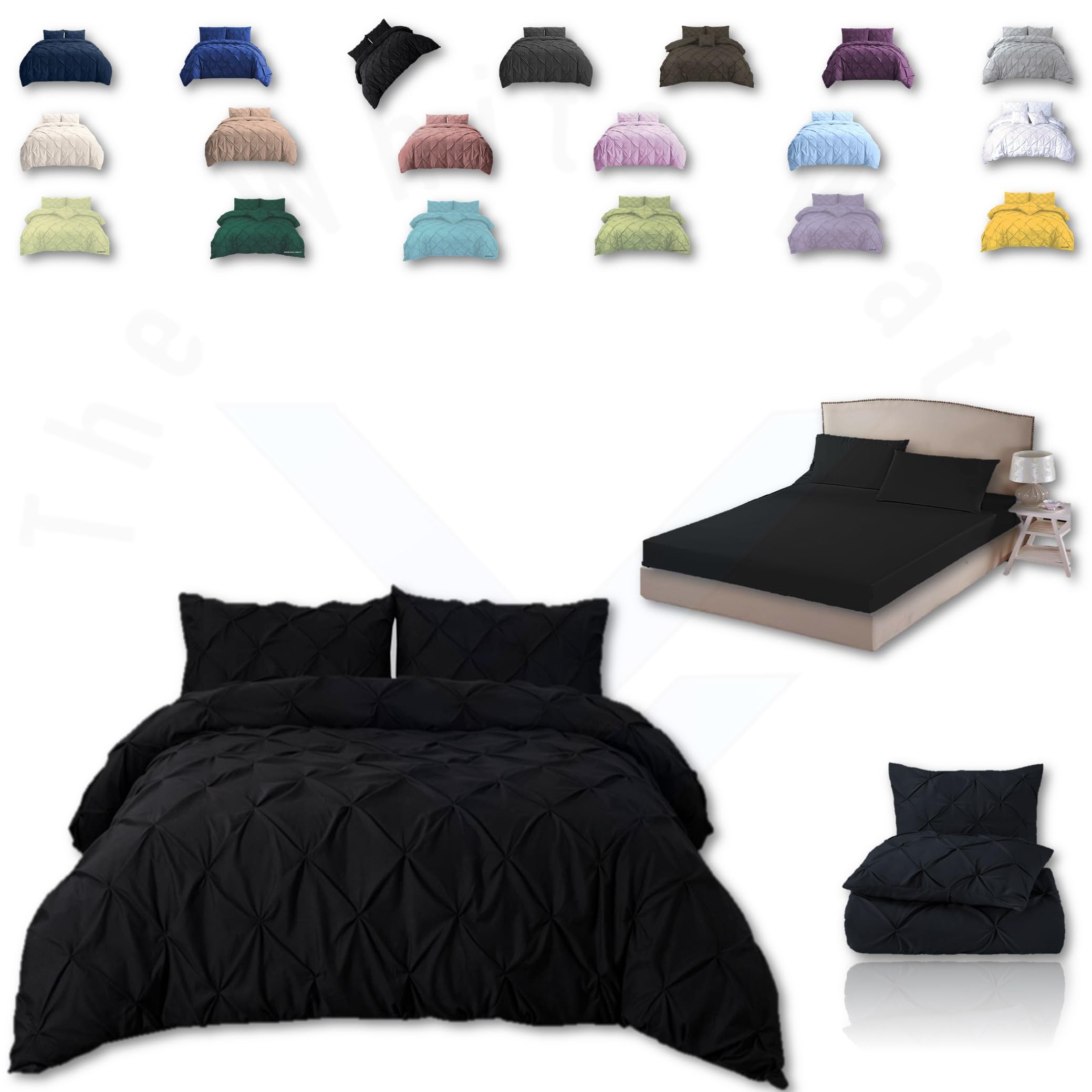 TheWhiteWater Duvet Set - 2/3 in 1 Bedding Set - Duvet Cover + Matching Pillowcases + Fitted Bed Sheets - NPolycotton Pintuck Cover (Black, 3 in 1 Bedding Set - Super King)