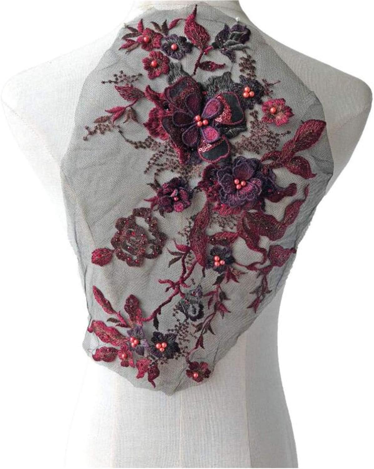 Beaded Lace Applique with 3D Flower Embroidery Blossom Floral Lace Patch Pretty Dress Decorative Addition Wedding Party Motif (Burgundy)