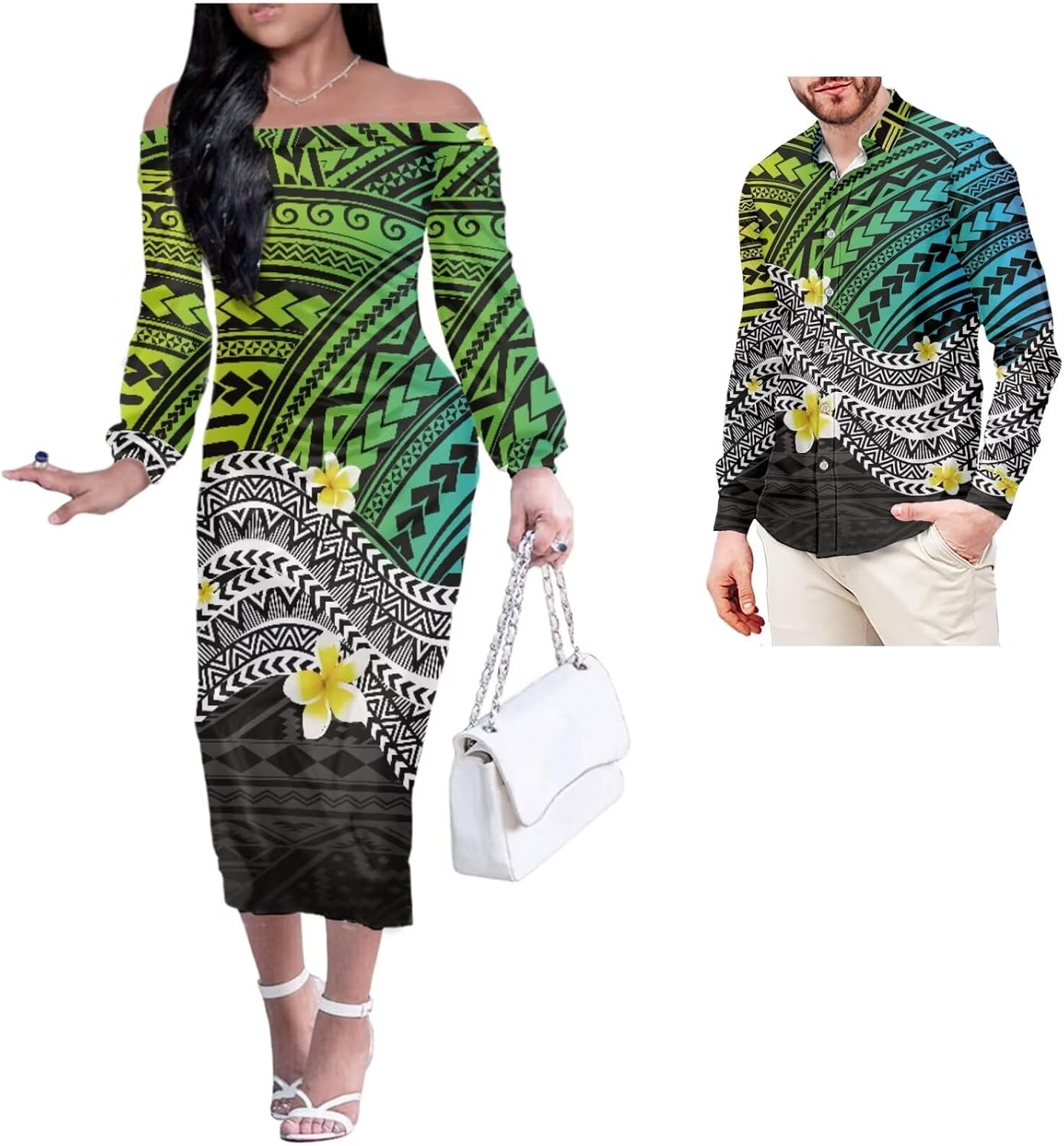Tribal Polynesian American Samoa Print Off Shoulder Dress Match Men Shirts Party Club Couple Set 2Pcs Outfits