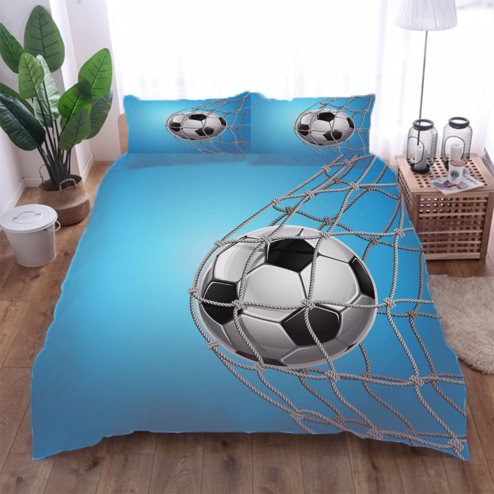 Set Biancheria Da Letto Singolo Bambini 3 Pezzi Stampati In Stampa Di Calcio 3D Set Copripiumino In Microfibra 135X200Cm Parure Da Letto Singolo Con Cerniera E 2 Federe 50X80Cm