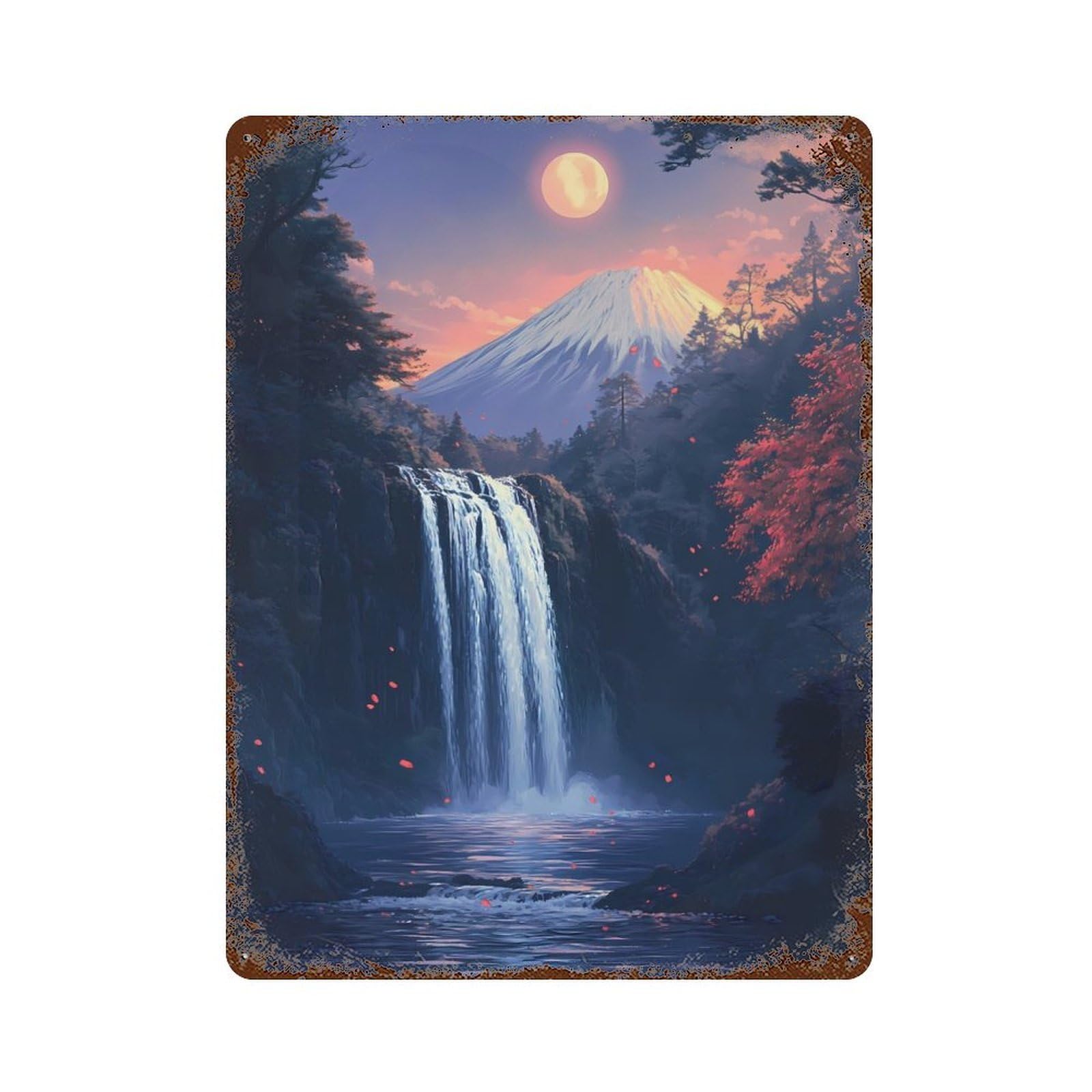 Distressed Metal Wall Sign Mount Fuji Waterfall 15.7"x11.8", Vintage Wall Decor for Garage, Bar And Workshop Decor