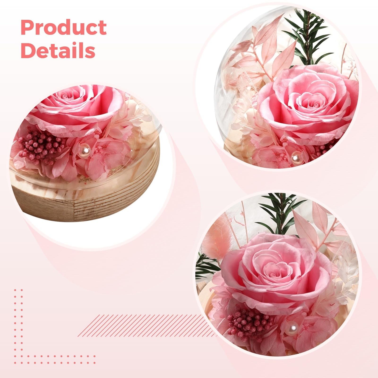 Decorazione floreale reale conservata con cupola in vetro e base in legno, rose eterne per San Valentino, Natale, compleanni e anniversari, regalo romantico, decorazione da scrivania per la casa per