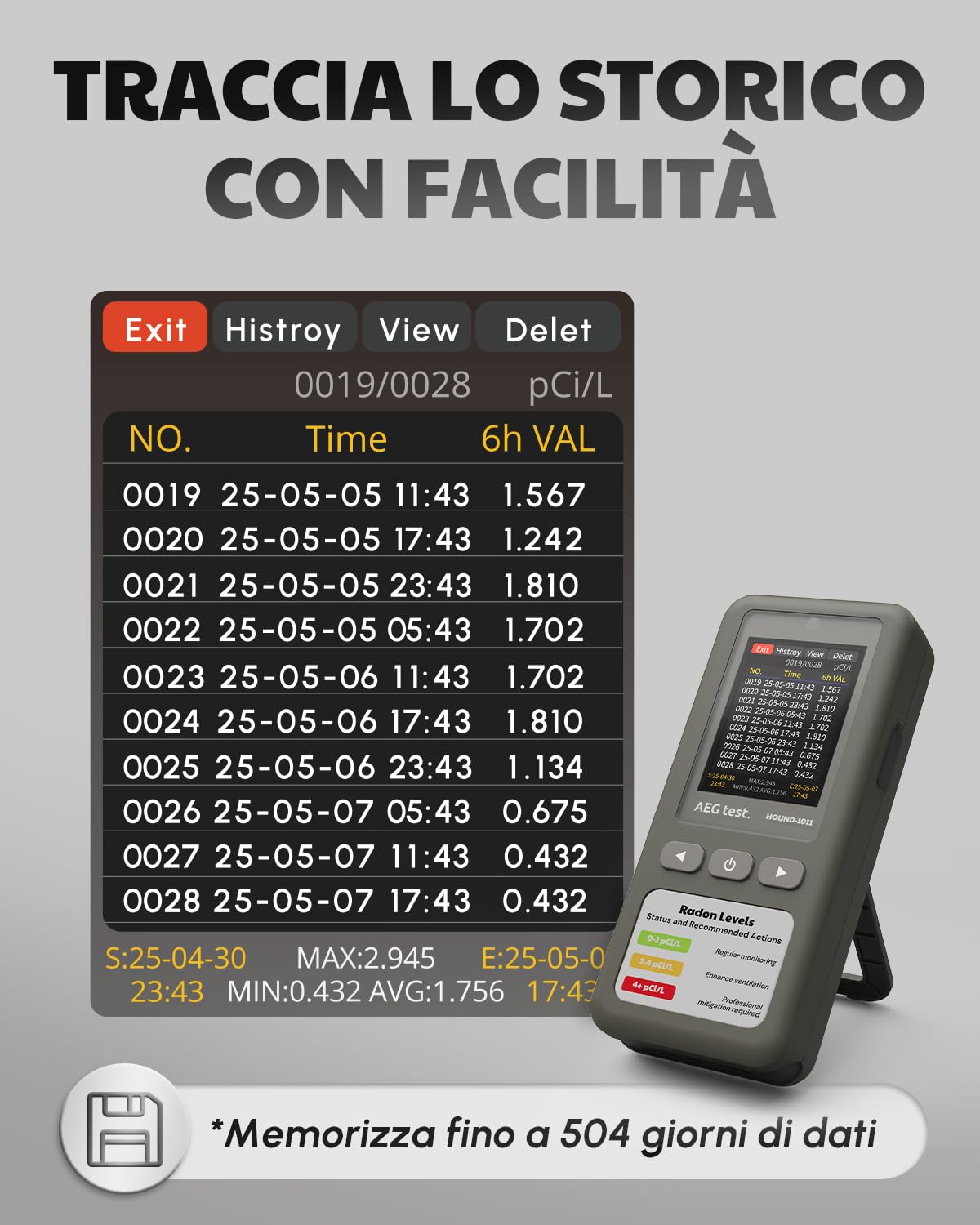 HOUND-1011 Rilevatore radon portatile per casa, leggero, sensore ad alta precisione, 45 giorni, facile da usare, per misurazioni brevi e lunghe in pCi/L o Bq/m³, per seminterrato – Grigio