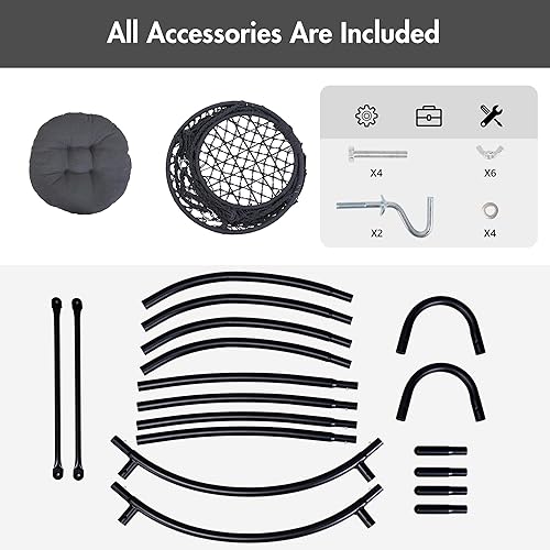 Miniatura 7 de ANOW Hamaca columpio con soporte incluido, columpio colgante al aire libre con soporte y cojín de asiento extraíble, máximo 400 libras, gris oscuro