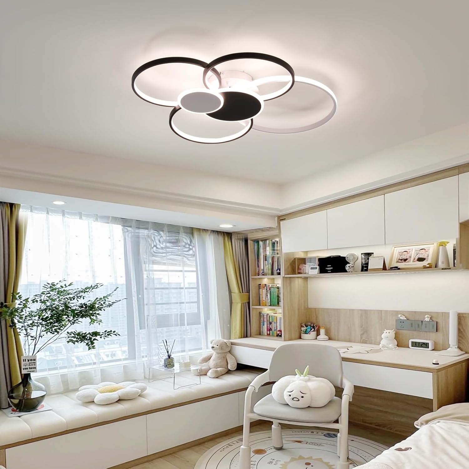 Modern LED Ceiling Light, 6 Circles Flush Mount Ceiling Light Lamp, Dimmable Ring Chandelier Close to Ceiling Light Fixtures for Living Room Bedroom Kitchen (71W/Black)