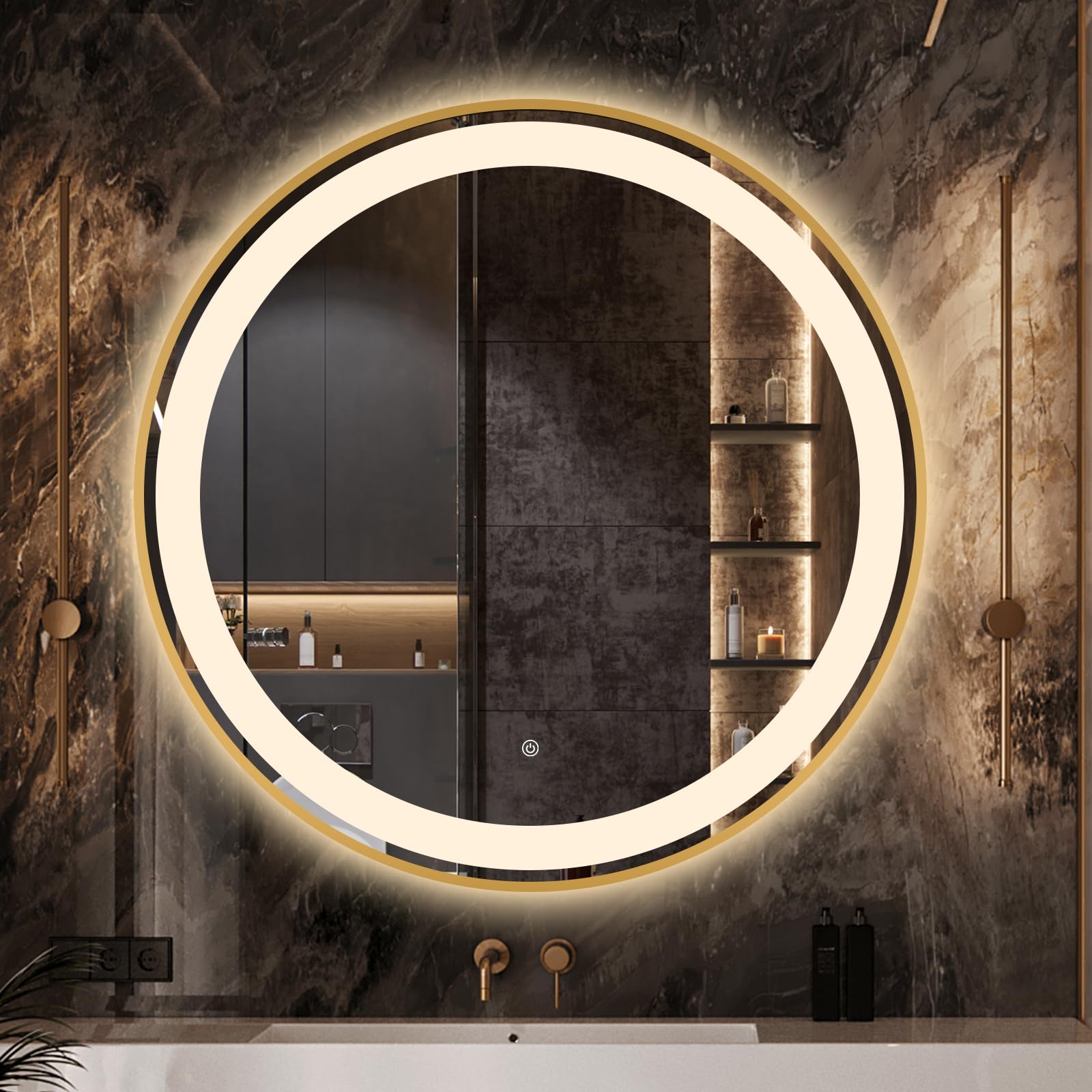 32" Round LED Bathroom Mirror, Gold Metal Frame Wall Mirror Anti-Fog Makeup Vanity Mirror, Smart Dimming Mirror with Memorry Function, 3 Color Adjustable 3000K-6000K, IP66