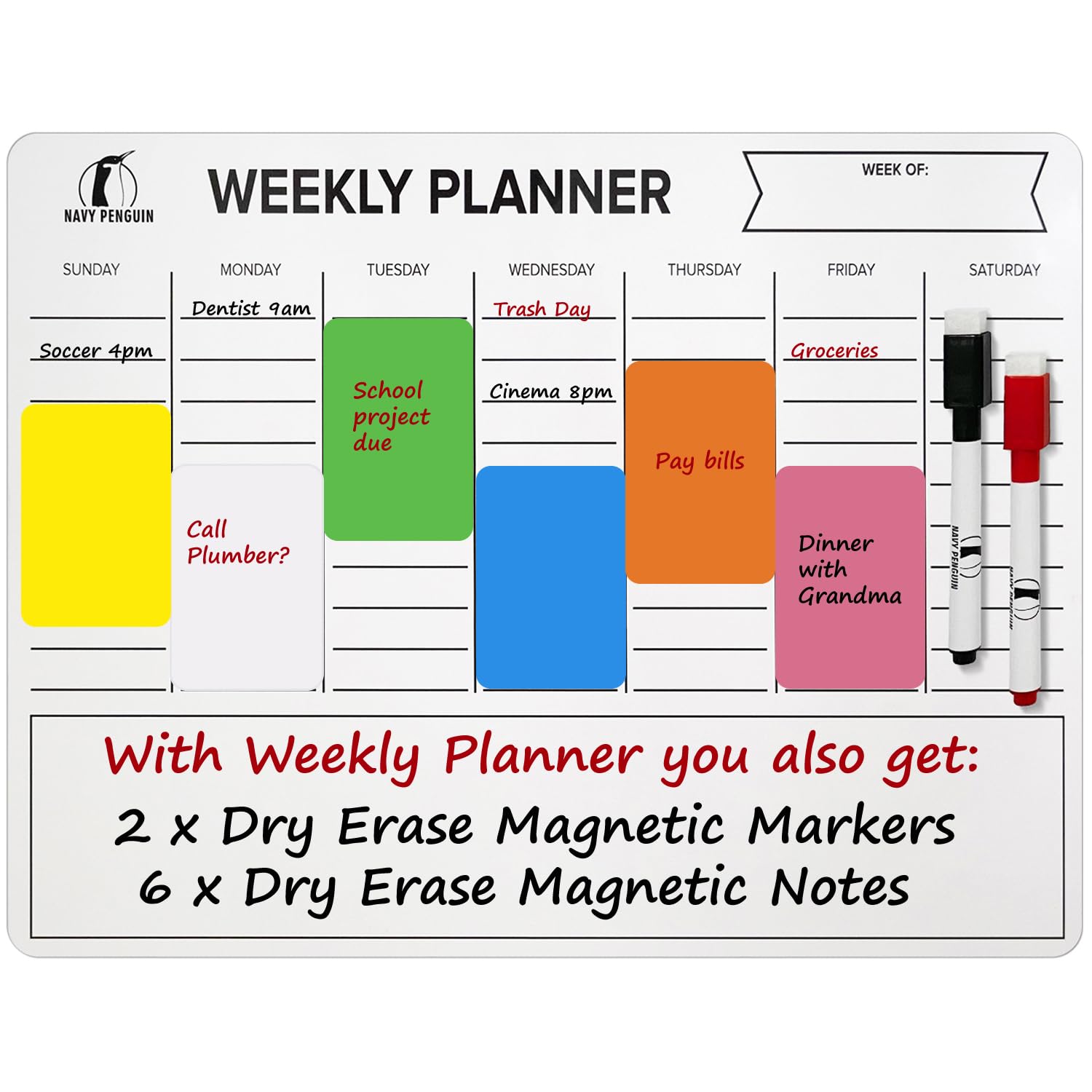 Weekly Calendar Whiteboard for Refrigerator - Magnetic Planner Dry Erase 11 x 14 in with 2 Dry Wipe Off Markers and 6 Magnetic Labels - Magnet Calendar White Board for Fridge, Home and Office